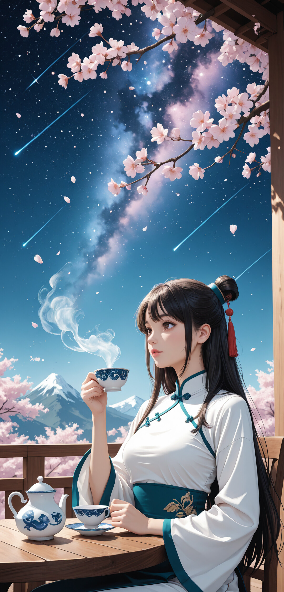 An anime-style illustration of a young woman in a traditional teal Chinese dress, drinking tea in a pavilion overlooking a starry night sky with cherry blossoms.
