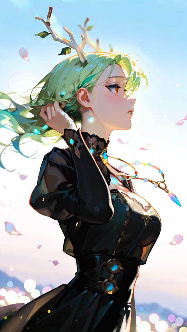 An illustration of Ceres Fauna, a woman with long green hair and small antlers, looking up at a bright sky. She is wearing an elegant white dress and is bathed in warm, golden light.