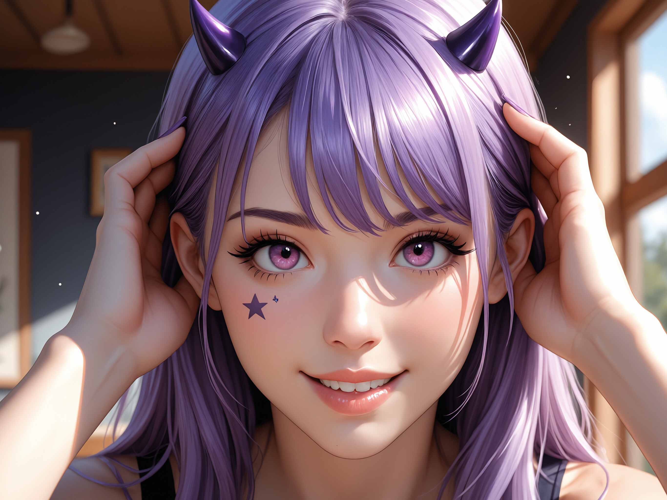 A digital illustration of a young woman with long purple hair, purple eyes, and small purple devil horns. She is smiling and wearing a lavender crop top and overalls.