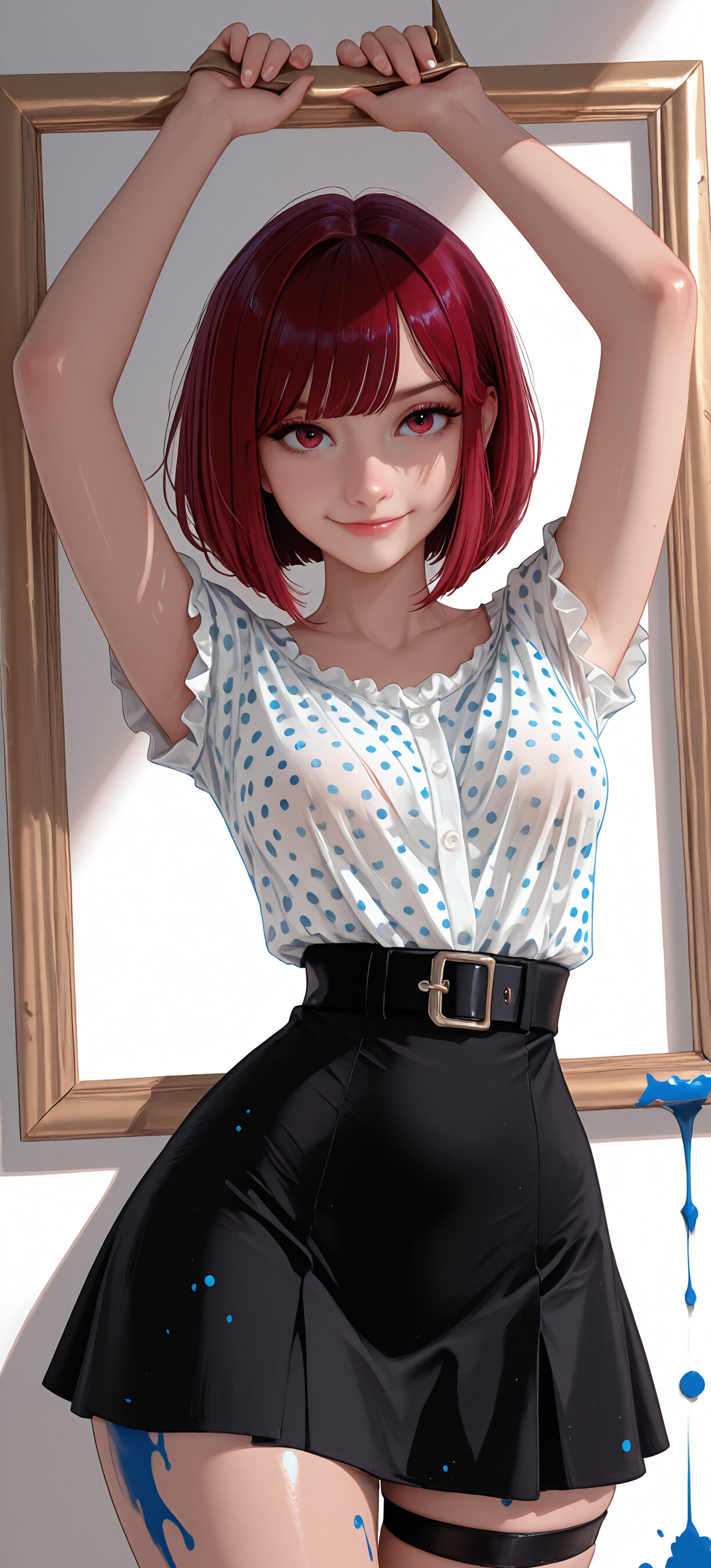 An illustration of Kana Arima from Oshi no Ko, a young woman with short red hair and red eyes, smiling as she holds a large golden picture frame. She is wearing a white polka dot blouse and a red skirt with a matching belt and thigh strap.