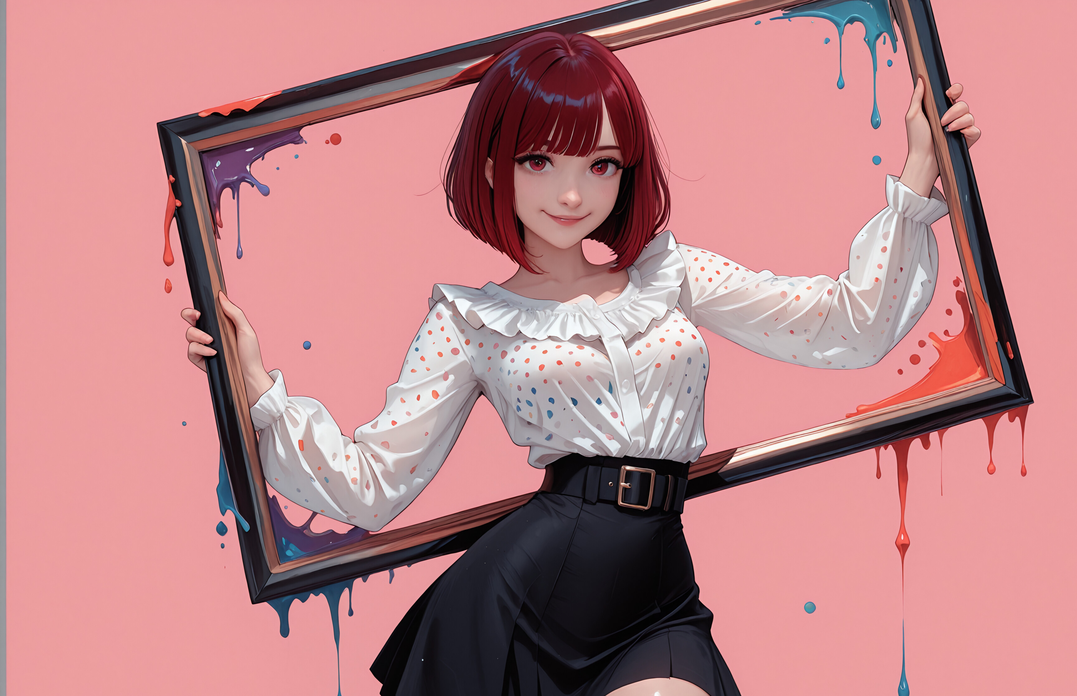 An illustration of Kana Arima from Oshi no Ko, a young woman with short red hair and red eyes, smiling as she holds a large golden picture frame. She is wearing a white polka dot blouse and a red skirt with a matching belt and thigh strap.