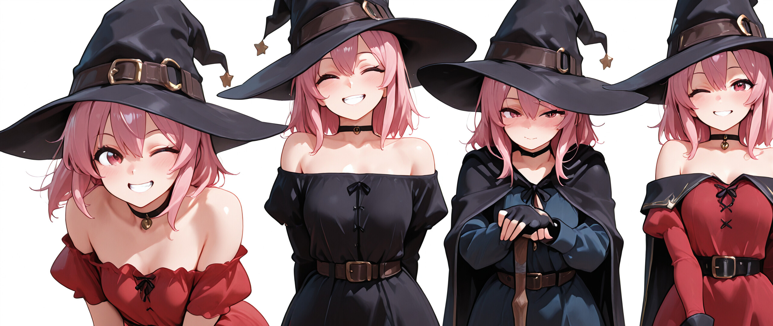 An anime illustration of a cheerful young witch with short pink hair and red eyes. She is winking and smiling, wearing a black witch hat, a red off-the-shoulder dress, a black cape, and fingerless gloves, while holding a magical staff against a white background.