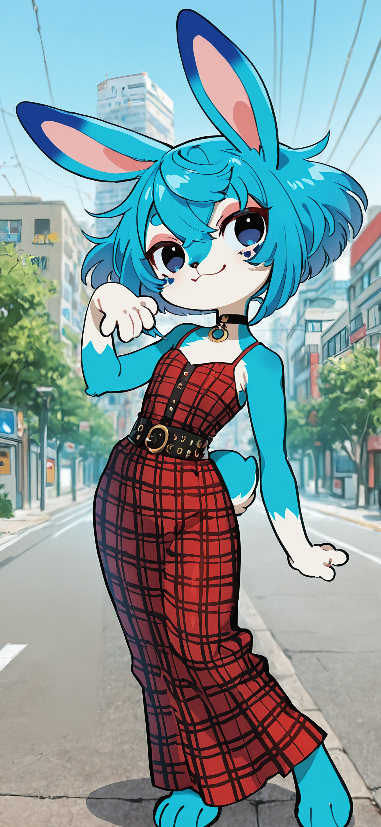 An anthropomorphic blue bunny girl with blue hair in pigtails, smiling happily as she walks down a Japanese city street. She is wearing a long, purple and white plaid dress and a black choker.