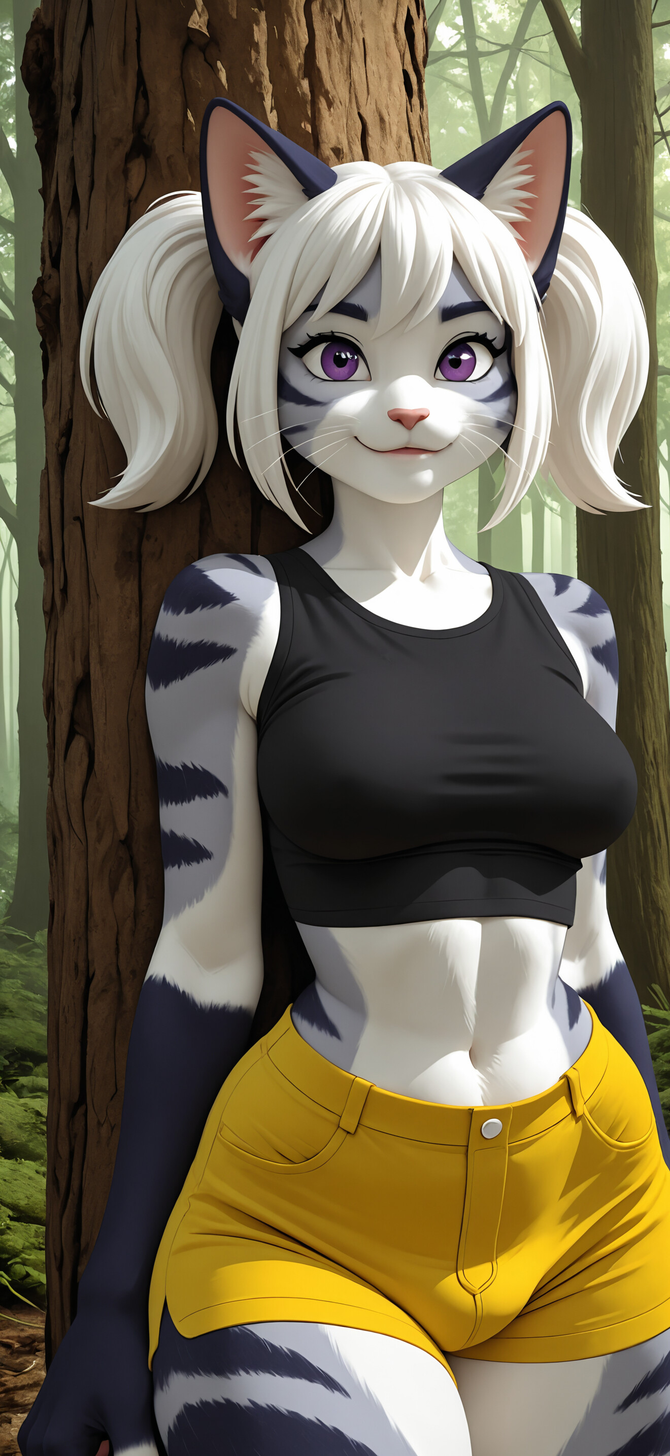 A female anthropomorphic cat character with white and orange fur, white twin-tailed hair, and purple eyes, smiling as she leans against a tree in a forest. She is wearing a black crop top and yellow athletic shorts.