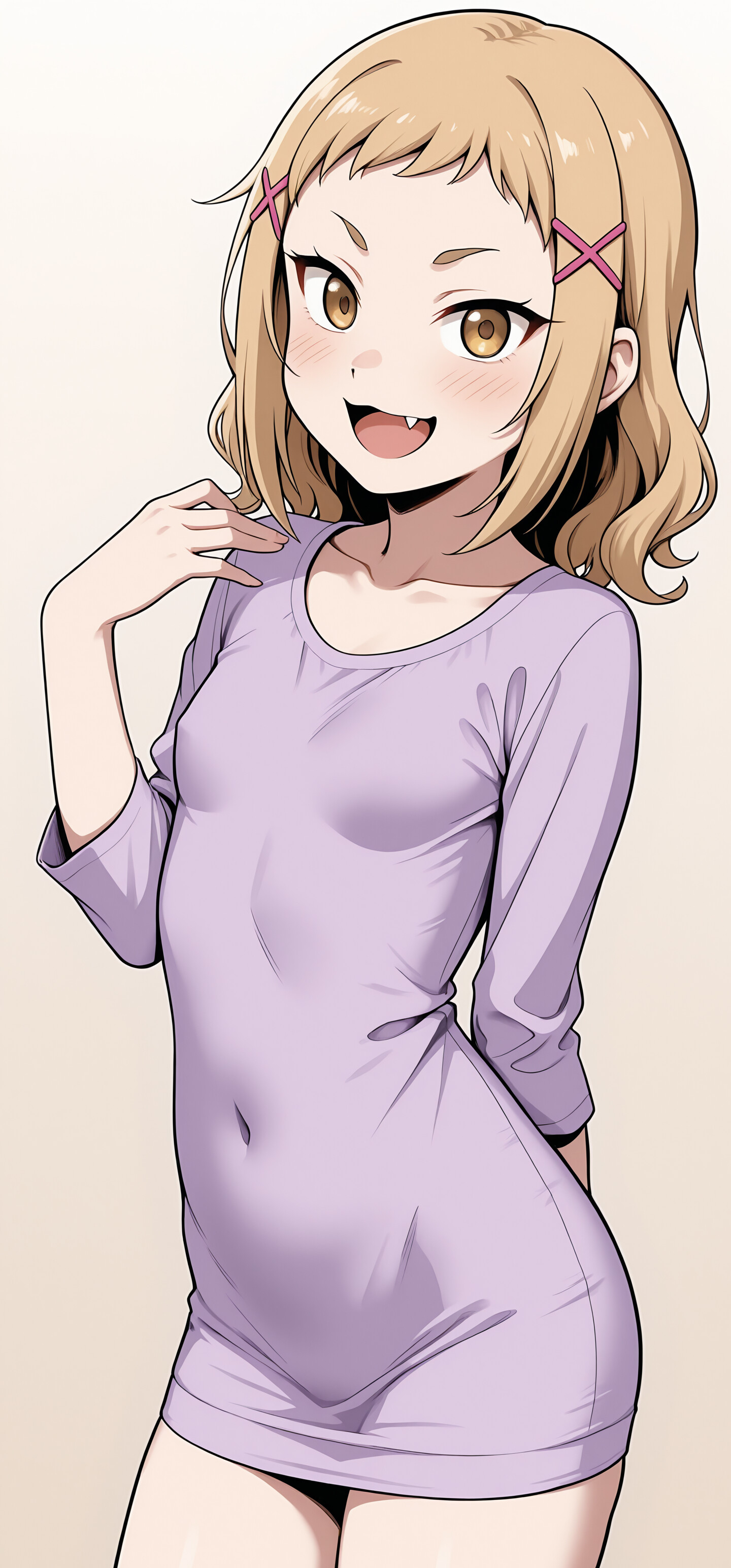 An anime-style illustration of Koharu Minami, a young girl with short blonde hair and golden eyes. She is smiling happily, showing a small fang, and wears a purple t-shirt and pink hair clips.