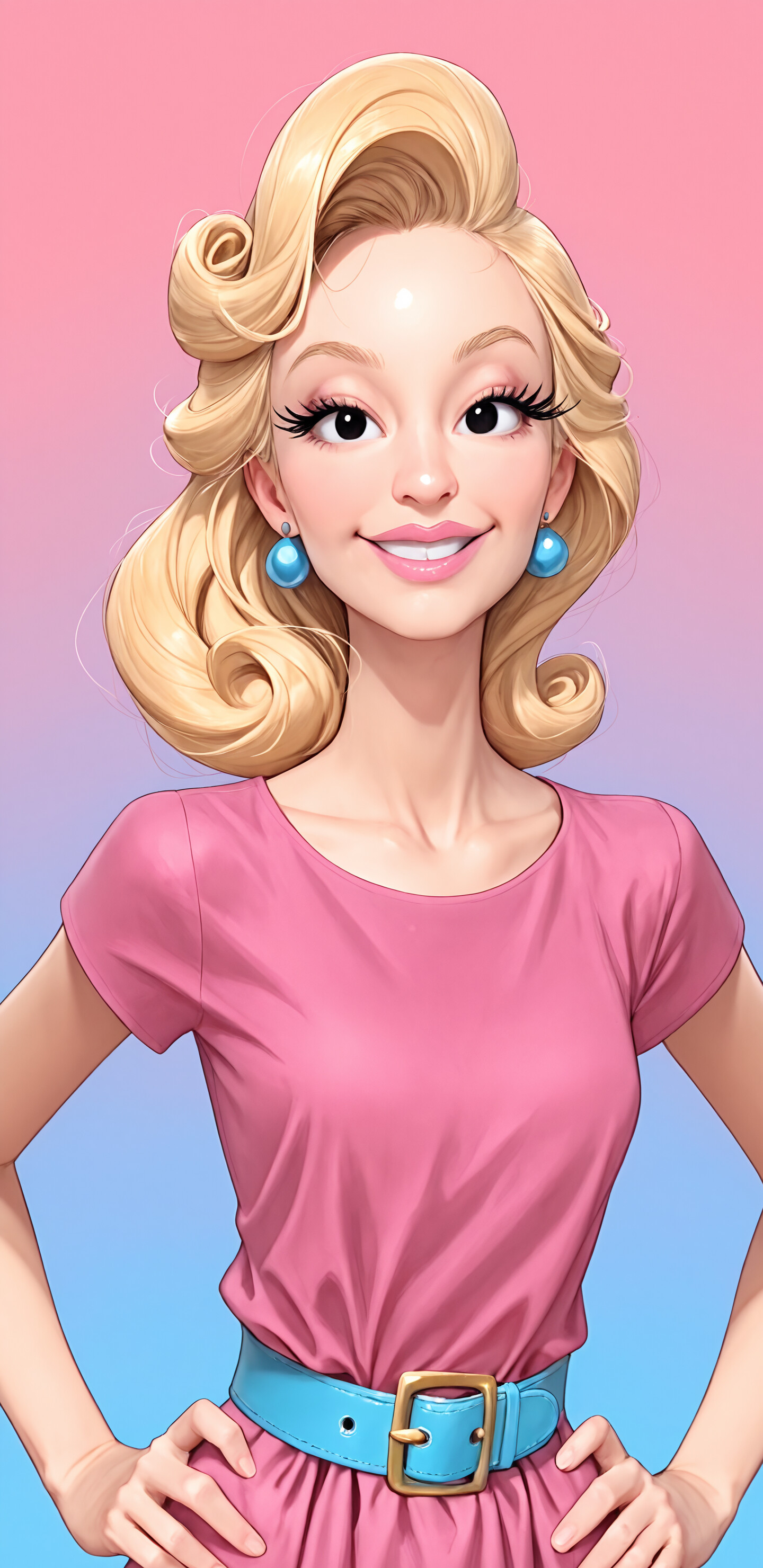 A digital illustration of a cheerful young woman with curly blonde hair. She wears a pink dress, a blue belt, and blue earrings, smiling against a pink background.