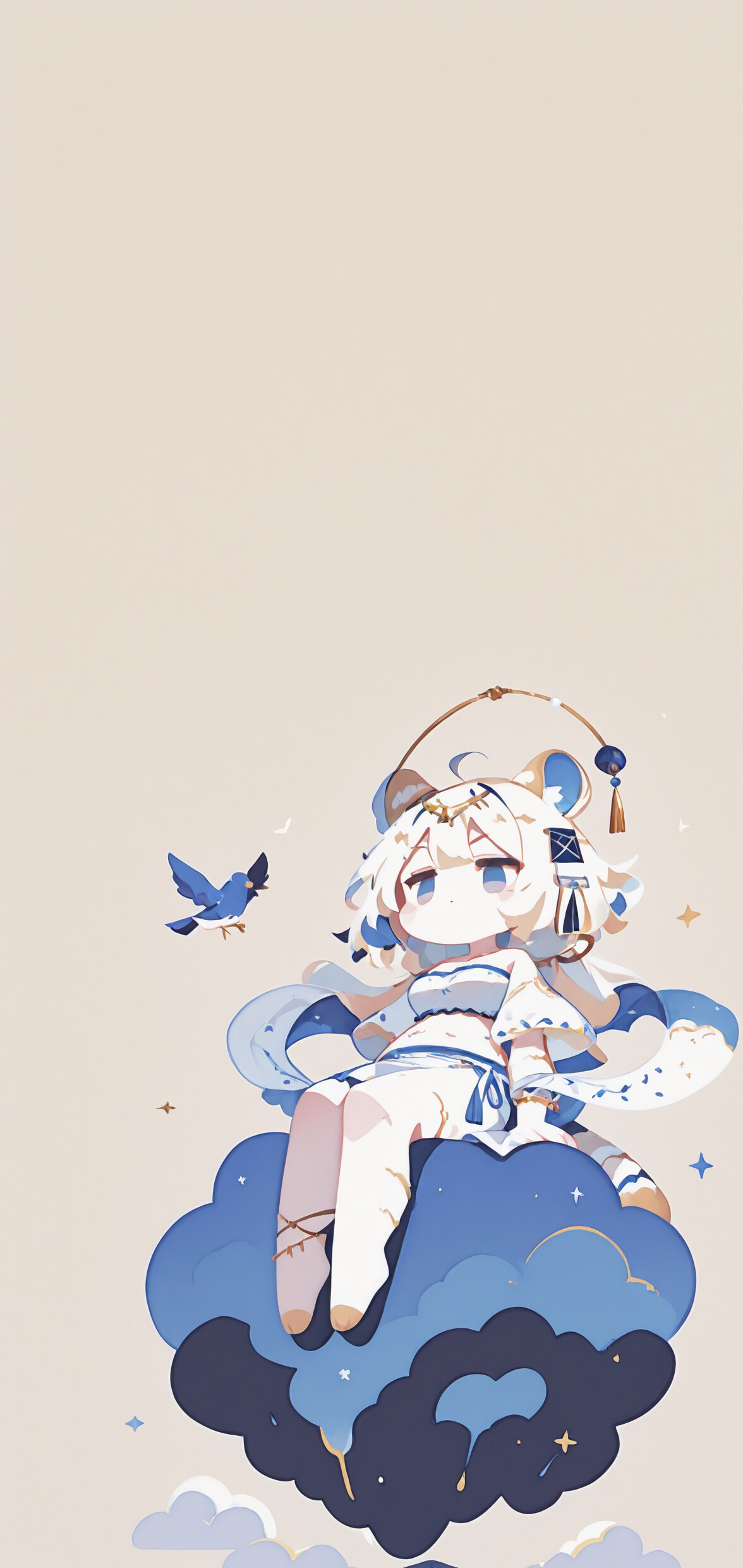 A chibi illustration of Hannah from Mahjong Soul, a girl with white tiger ears and hair, sitting peacefully on a fluffy cloud in a pastel blue sky with a single white bird flying in the distance.