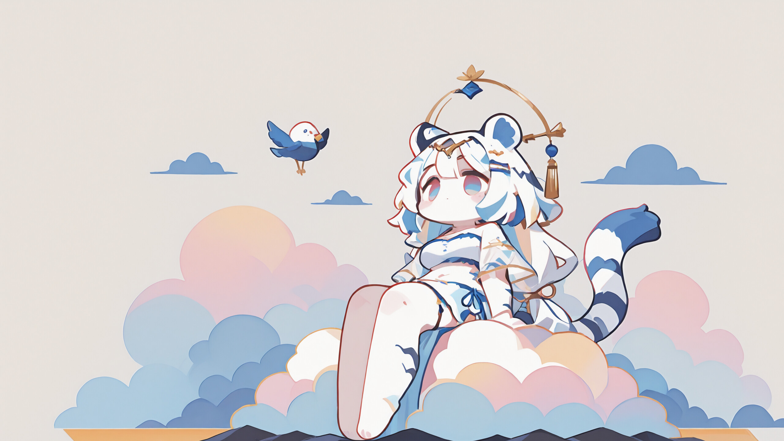 A chibi illustration of Hannah from Mahjong Soul, a girl with white tiger ears and hair, sitting peacefully on a fluffy cloud in a pastel blue sky with a single white bird flying in the distance.