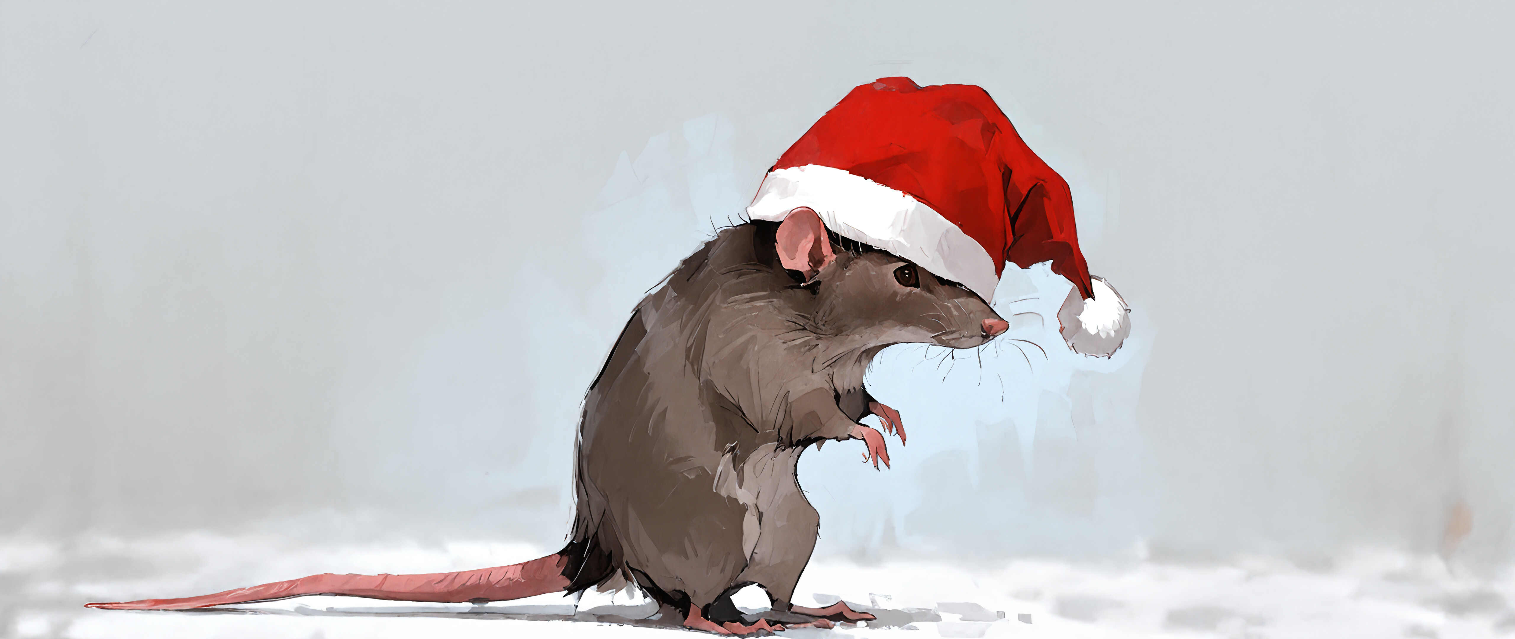 A brown rat standing on its hind legs while wearing a red and white Santa hat, set against a light grey background.