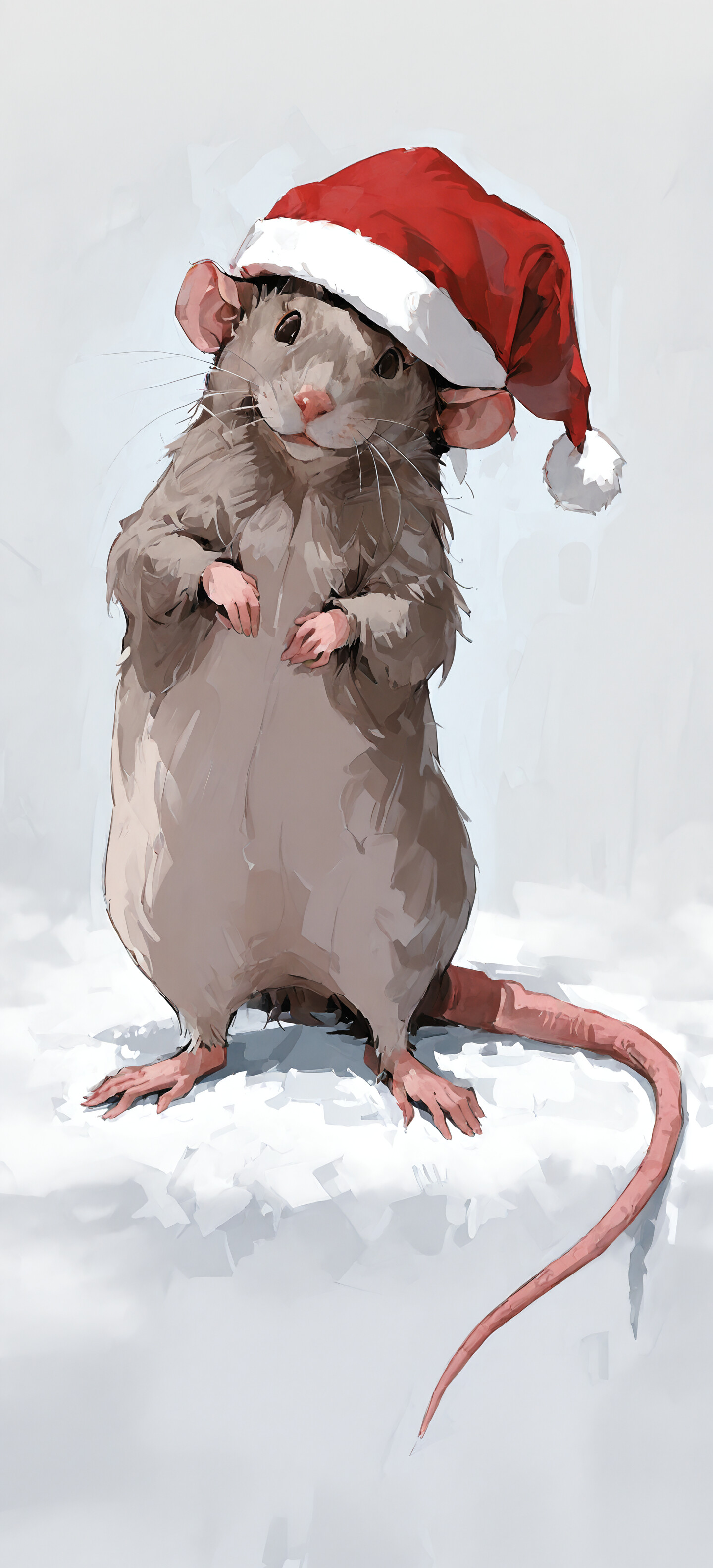 A brown rat standing on its hind legs while wearing a red and white Santa hat, set against a light grey background.