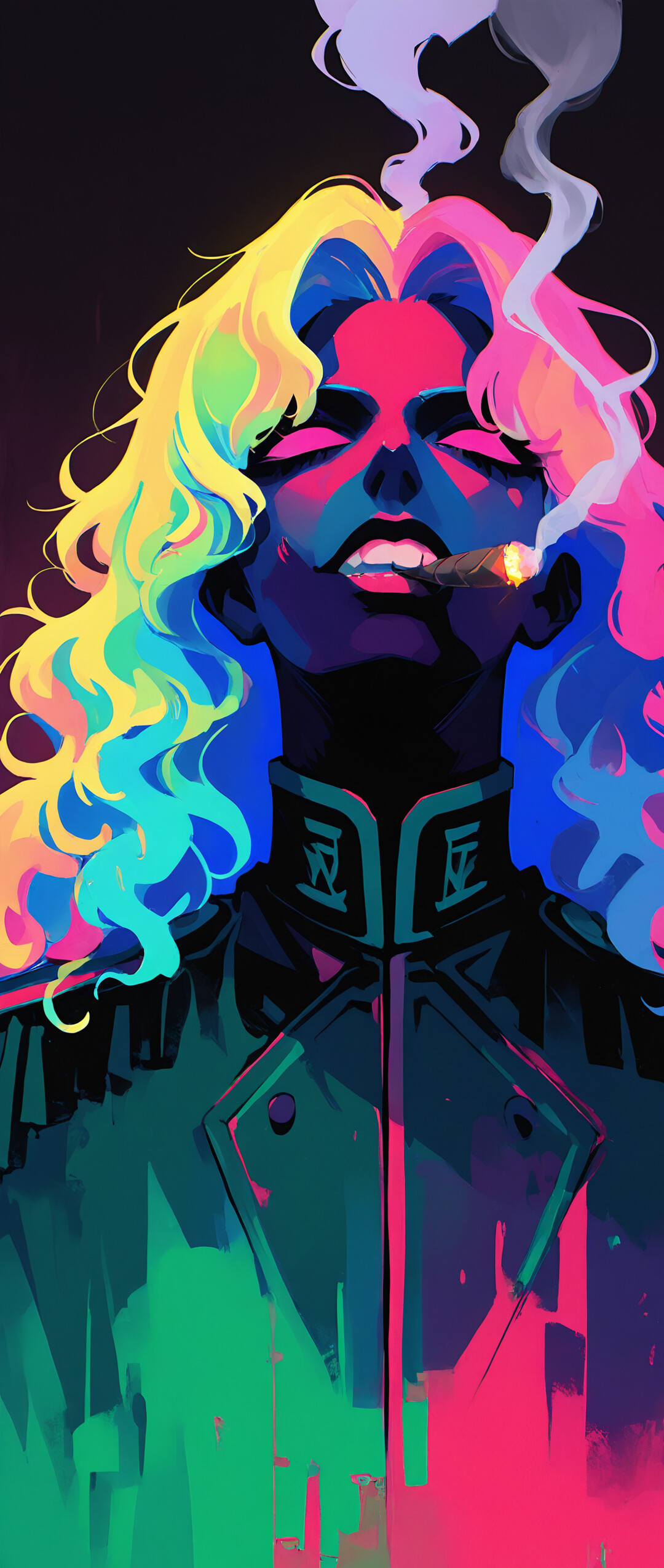 A digital illustration of a blonde woman in a military jacket, smoking a cigar. Her face is lit with dramatic blue and pink light, and her eyes are glowing.