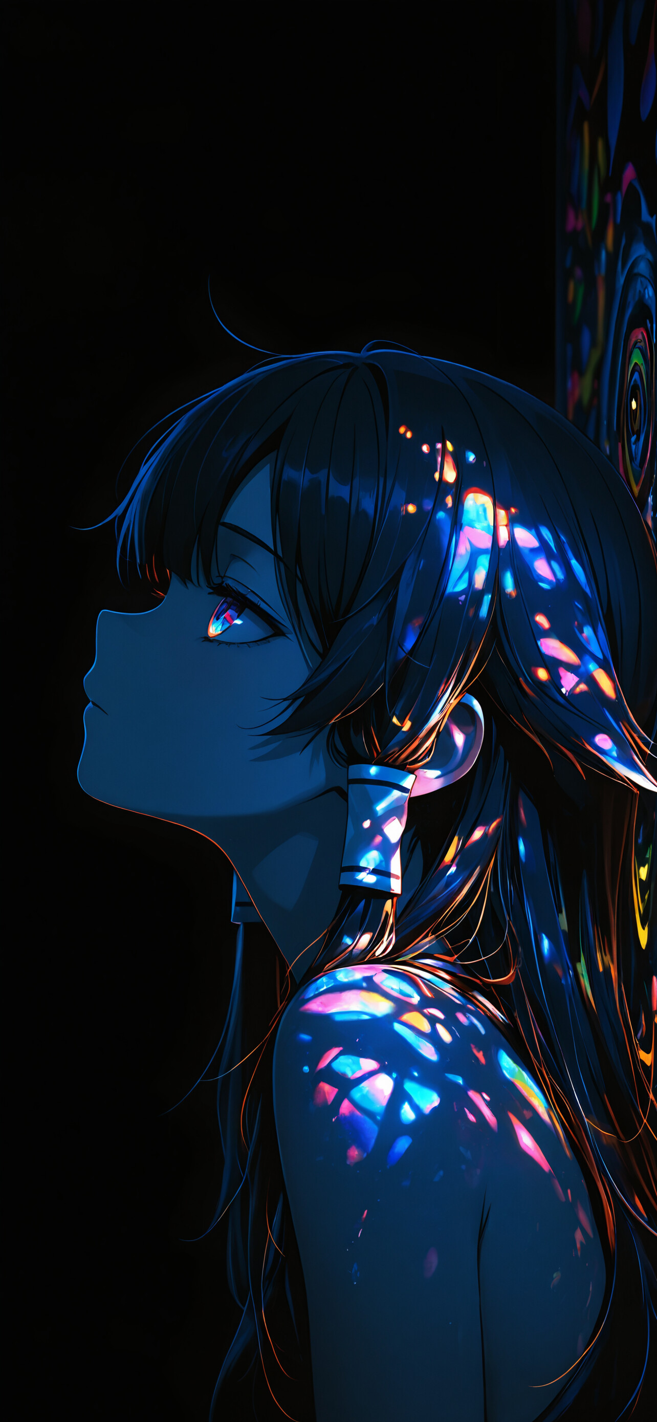 An anime girl with long dark hair shown in a side profile. She has colorful, glowing neon paint splattered on her cheek and shoulder, set against a dark, moody background.