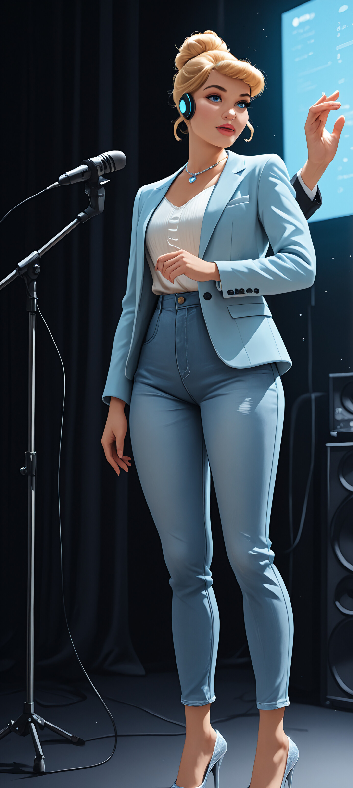 A full-body illustration of Cinderella as a modern motivational speaker on a stage, wearing a blue blazer, jeans, sparkly heels, and a headset microphone.