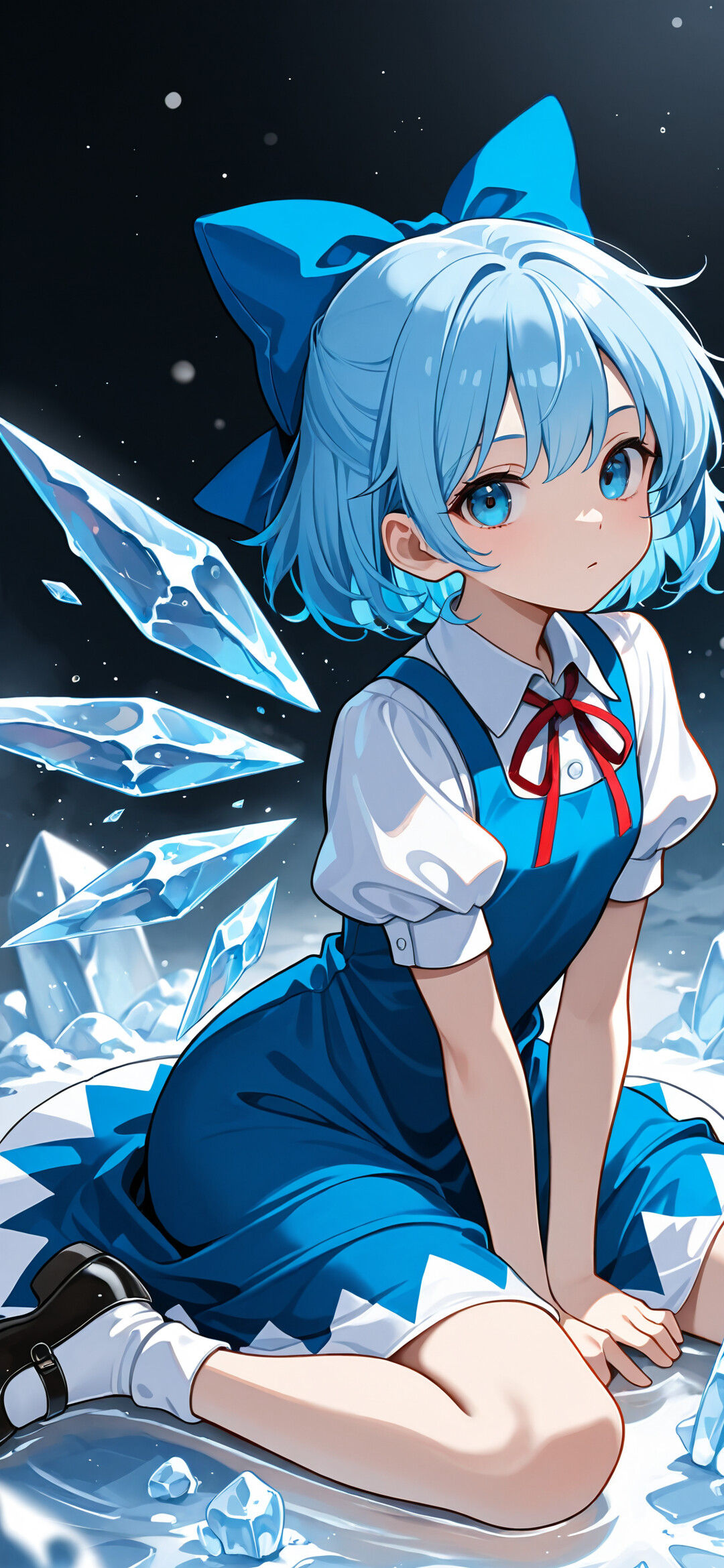 An anime girl with short blue hair and a large blue bow, identified as Cirno from Touhou Project, kneels in the snow. She wears a blue dress, has wings made of ice shards, and is surrounded by large ice crystals.