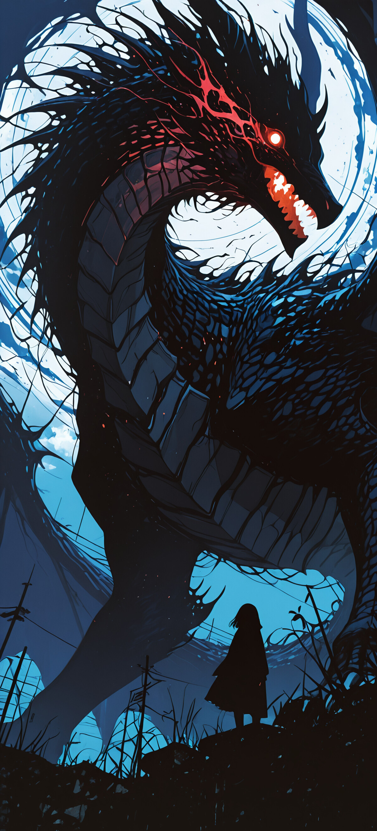 A low-angle digital illustration of a massive, dark-scaled dragon with glowing pink eyes and pink energy crackling around its head, looking up at a deep blue sky with clouds. In the foreground, the small silhouette of a cloaked person watches.