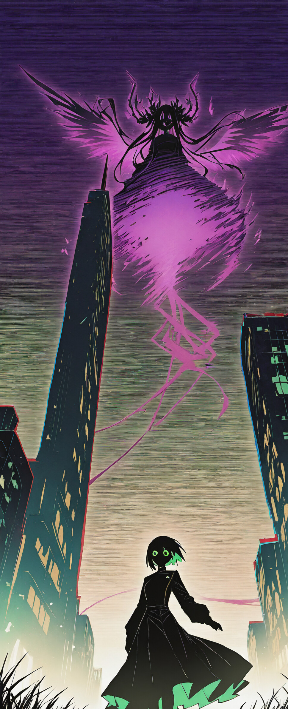 An anime-style girl in a white dress stands calmly in a grassy field, confronting a gigantic, monstrous black wolf with glowing white eyes and a glitchy, ethereal body, with a city skyline in the background.