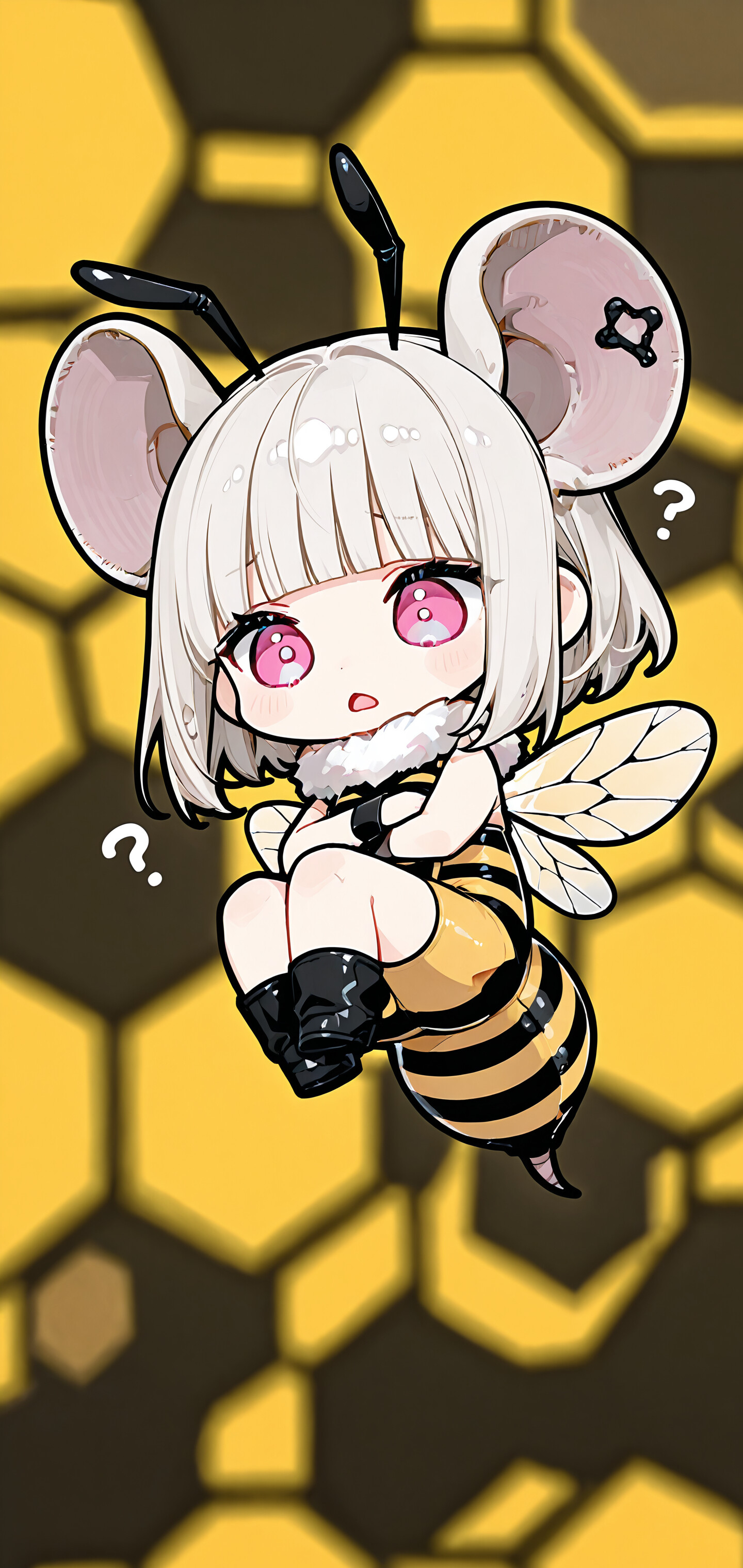 A cute chibi anime girl with white hair, large mouse ears, and pink eyes, wearing a bee costume with wings and a stinger. She looks down at herself with a confused expression, a question mark floating beside her head.