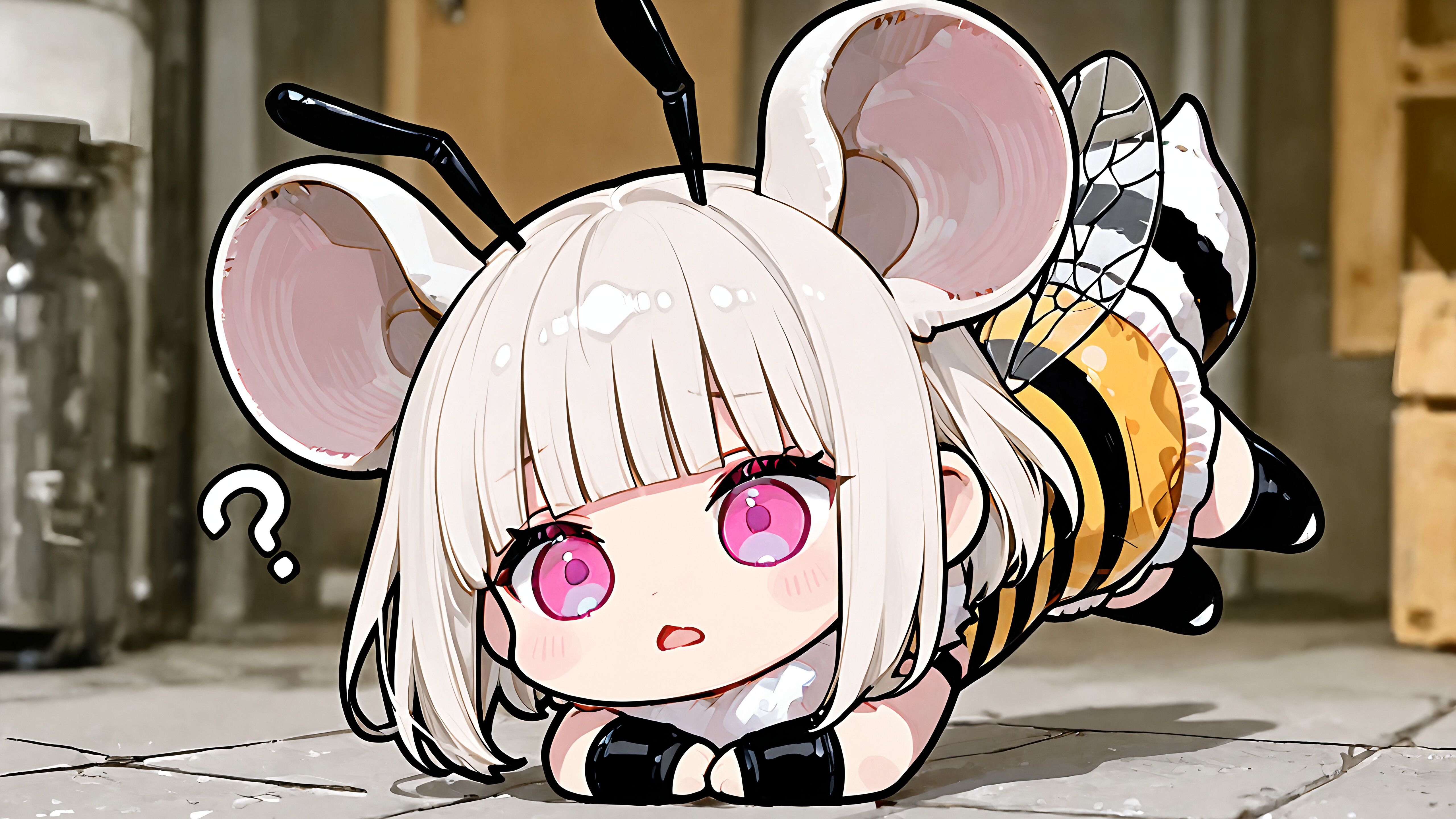 A cute chibi anime girl with white hair, large mouse ears, and pink eyes, wearing a bee costume with wings and a stinger. She looks down at herself with a confused expression, a question mark floating beside her head.