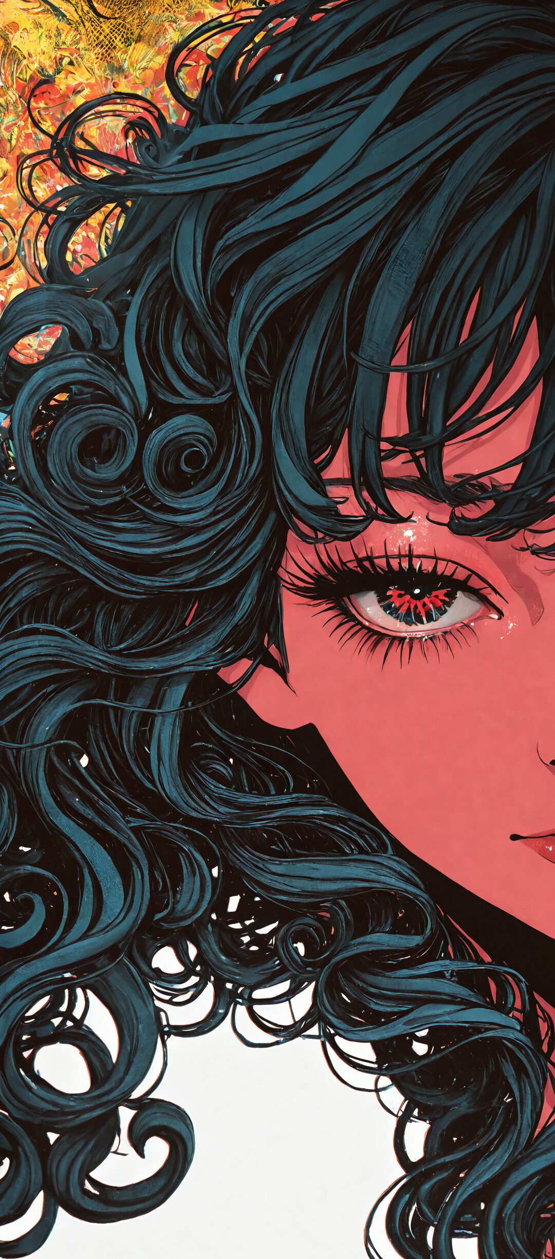 An artistic illustration of a woman with voluminous curly blue hair and reddish skin, looking down with a thoughtful expression. White tendrils flow over her textured orange shoulder.