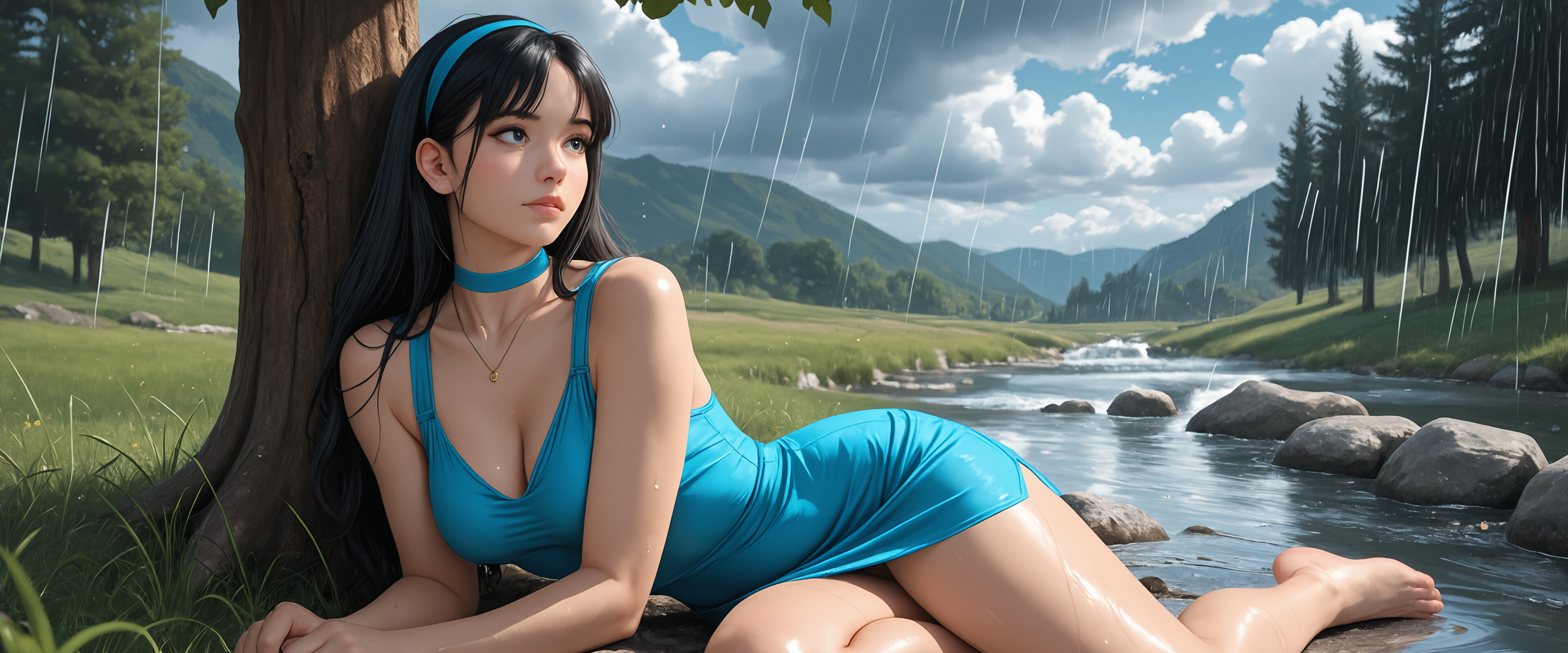 A young woman with long black hair, wearing a short blue dress and headband, kneels on wet rocks in a shallow stream during a rain shower, with a forest in the background.