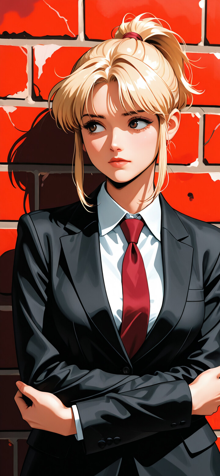 An anime-style illustration of a blonde woman resembling Makima from Chainsaw Man in a black suit and red tie. She has her arms crossed and is looking to the side while leaning against a red brick wall.