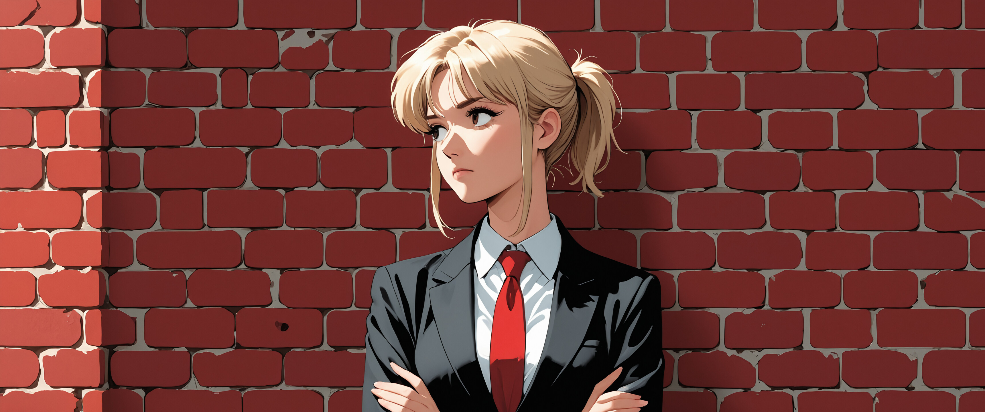 An anime-style illustration of a blonde woman resembling Makima from Chainsaw Man in a black suit and red tie. She has her arms crossed and is looking to the side while leaning against a red brick wall.