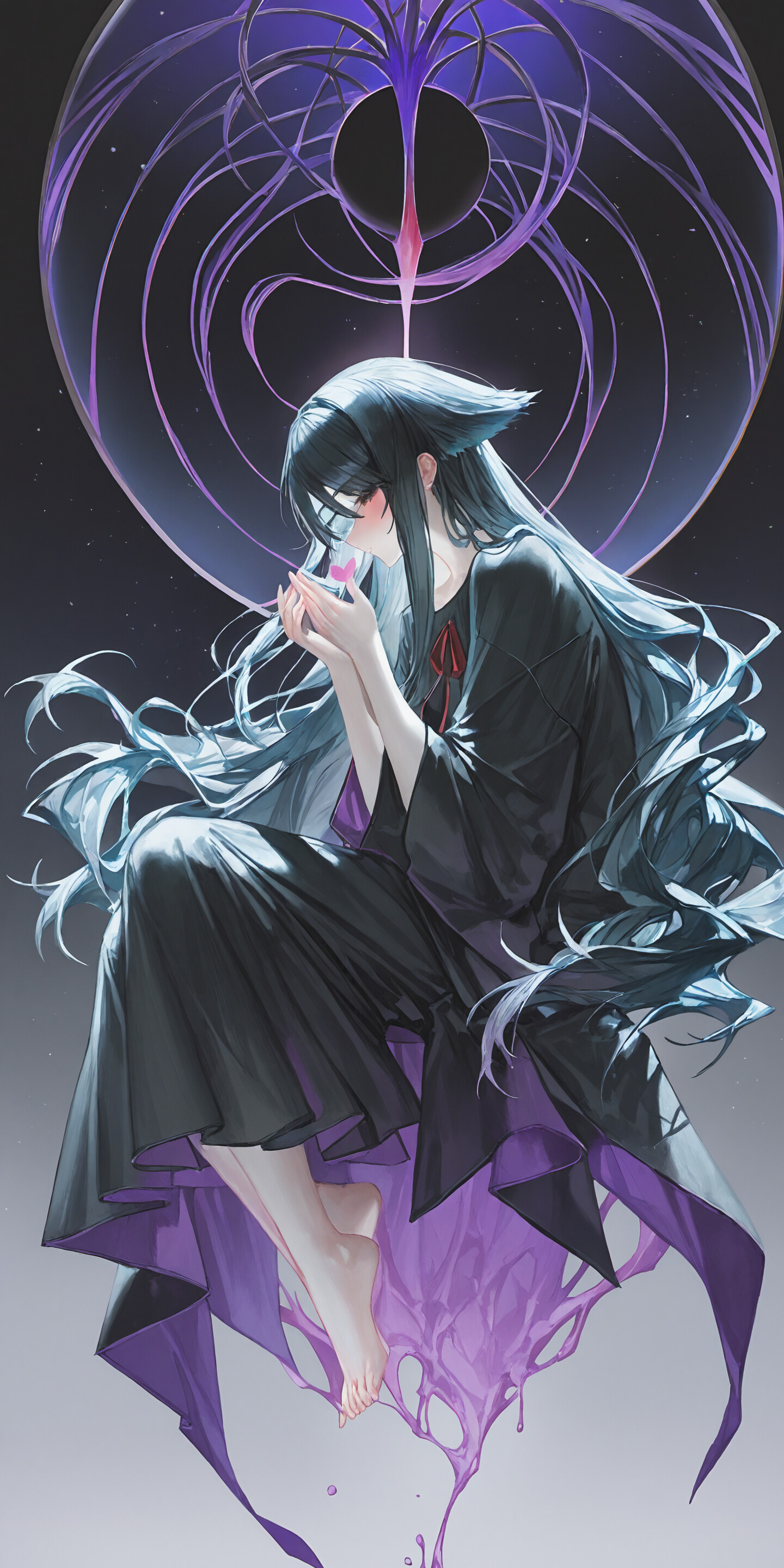 An anime-style illustration of a woman with long dark blue hair and fox ears, sitting on a stone block. She is wearing a flowing black robe and is shown in profile, exhaling a plume of smoke in a dark, spotlit environment.