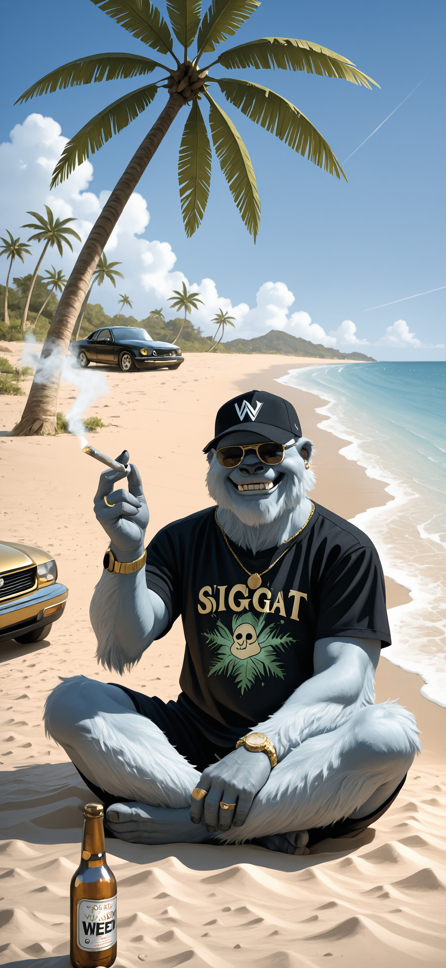A white yeti wearing a black shirt, cap, sunglasses, and gold jewelry sits cross-legged on a beach, smiling and smoking, with beer bottles and palm trees nearby.