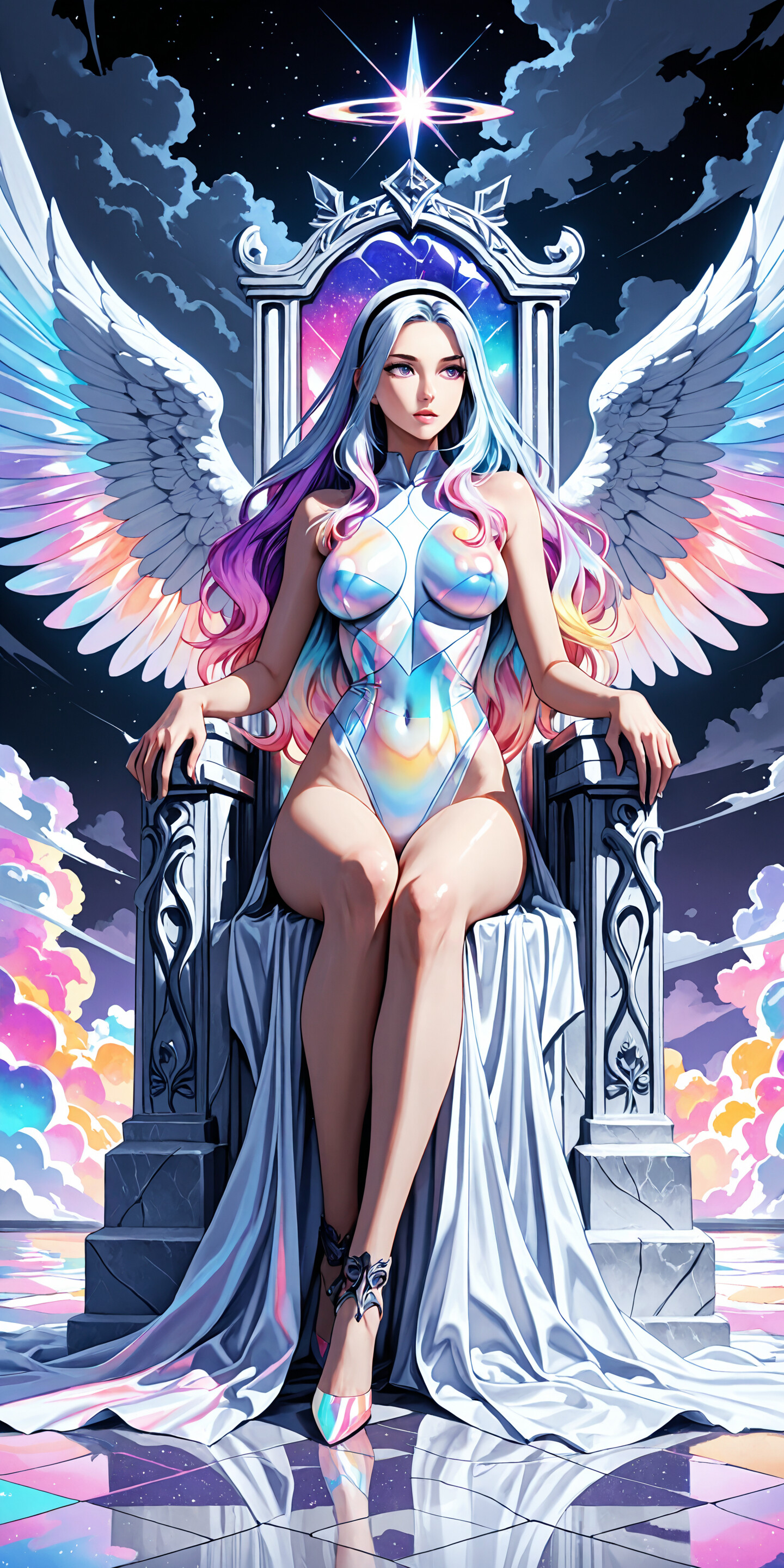 A beautiful anime-style angel with large rainbow-tipped wings and multicolored hair sits on a grand white marble throne against a cosmic background of purple clouds and stars.