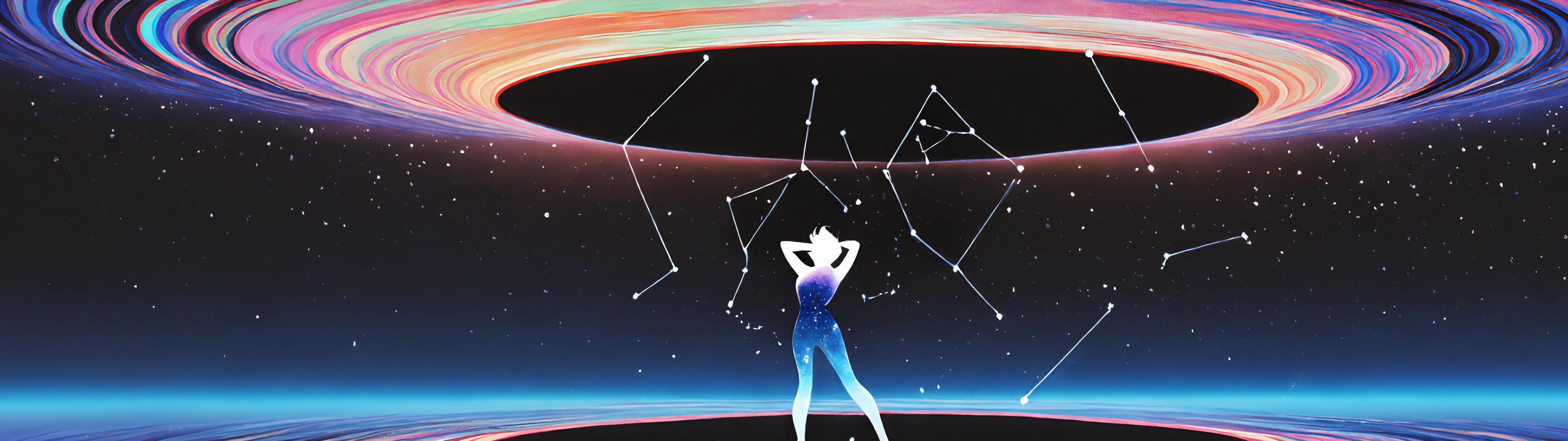 A silhouette of a short-haired person from behind, filled with a vibrant blue and purple galaxy pattern. A bright star emerges from a black circle in their chest, and colorful swirls of light orbit them against a starry night sky.