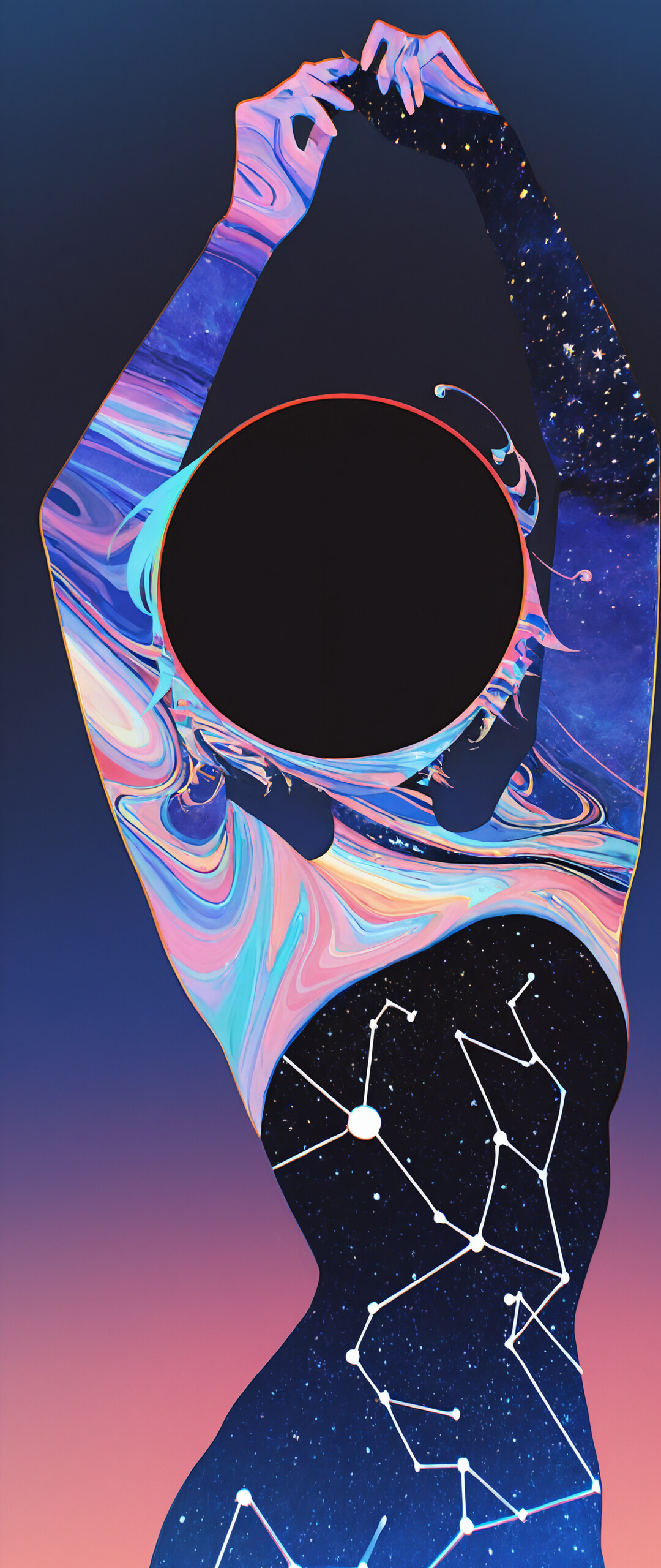 A silhouette of a short-haired person from behind, filled with a vibrant blue and purple galaxy pattern. A bright star emerges from a black circle in their chest, and colorful swirls of light orbit them against a starry night sky.