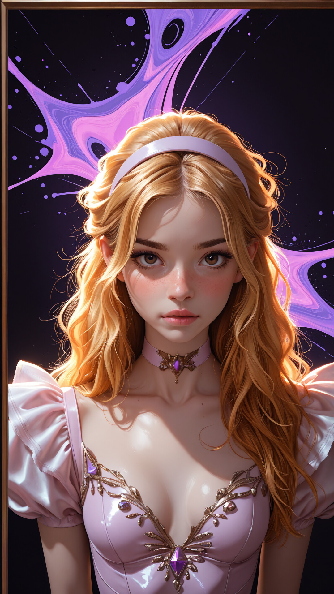 A digital fantasy portrait of a beautiful young woman with glowing blonde hair in a ponytail, wearing a white satin and metal dress, with a purple galaxy pattern glowing on her chest against a dark, starry background.