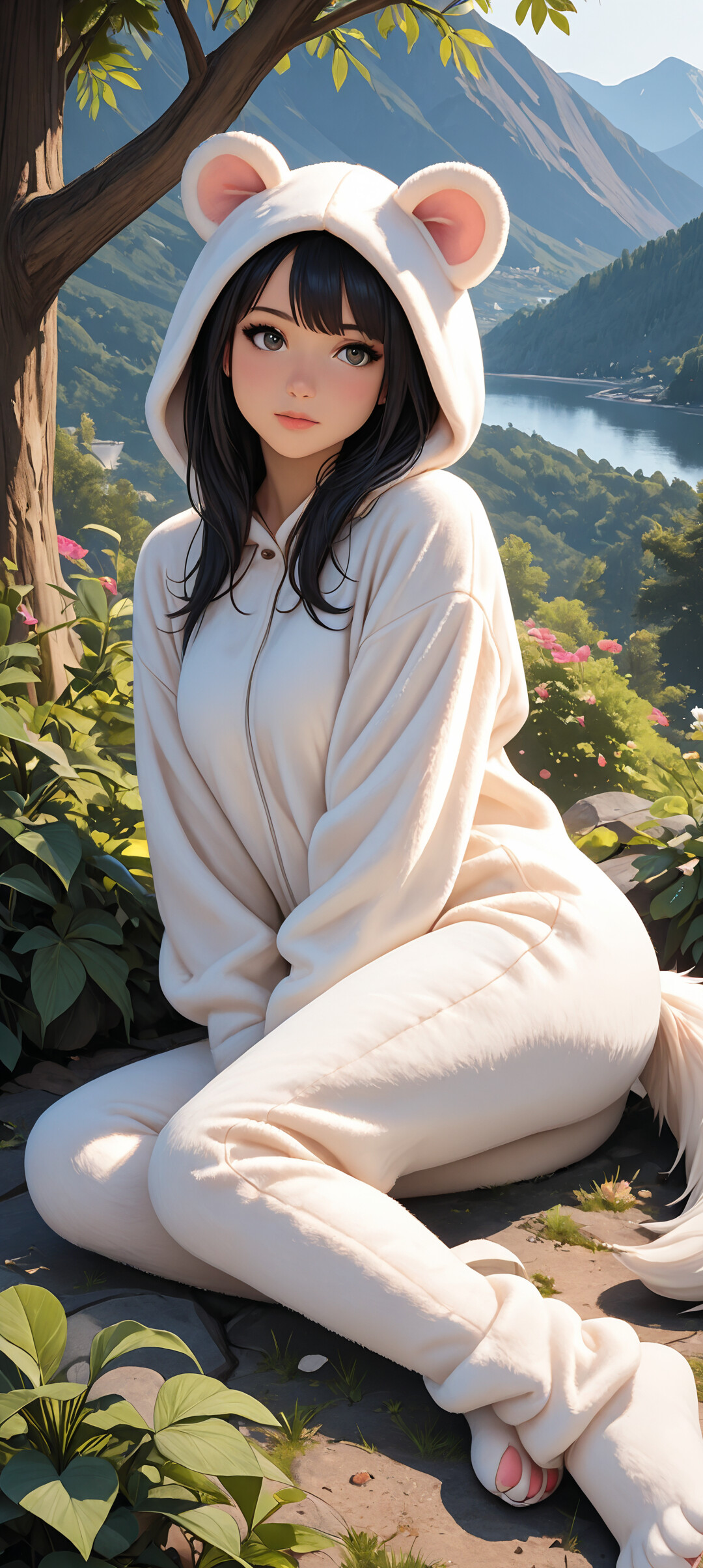 An anime-style illustration of a young woman with black hair and brown eyes sitting on a bed, wearing a fluffy orange and white red panda kigurumi with a hood and a large striped tail.