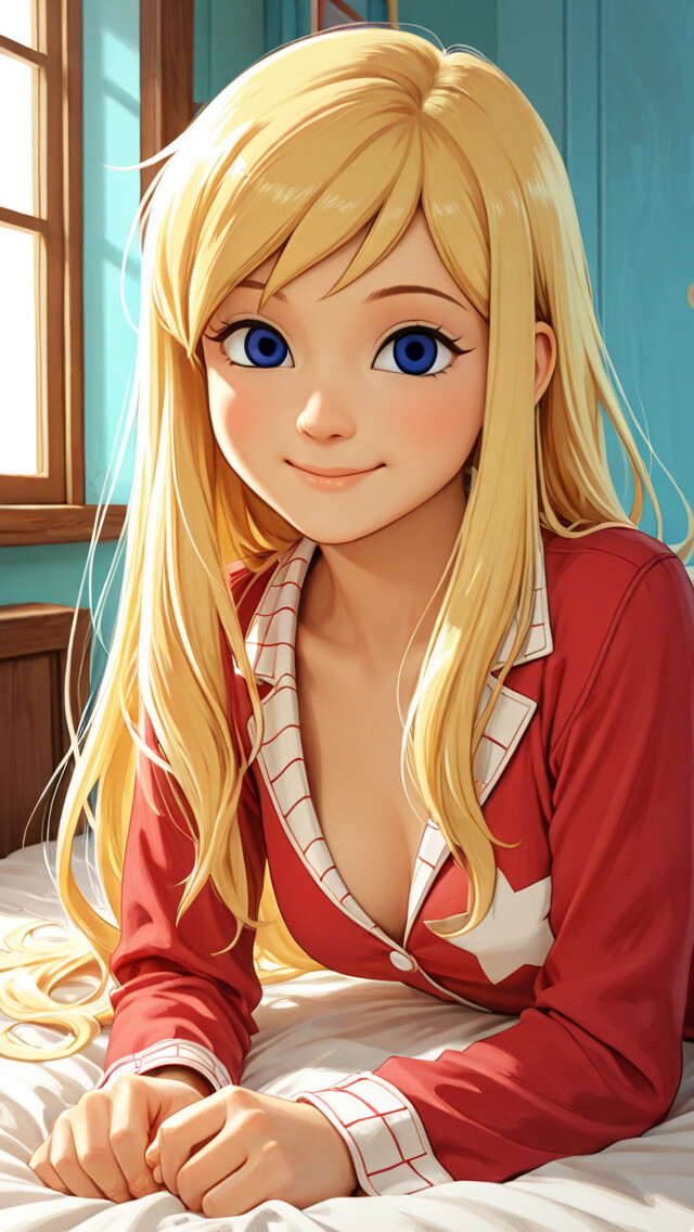 An anime-style young woman with long blonde hair and blue eyes smiling while lying on a bed in red pajamas in a sunlit bedroom.
