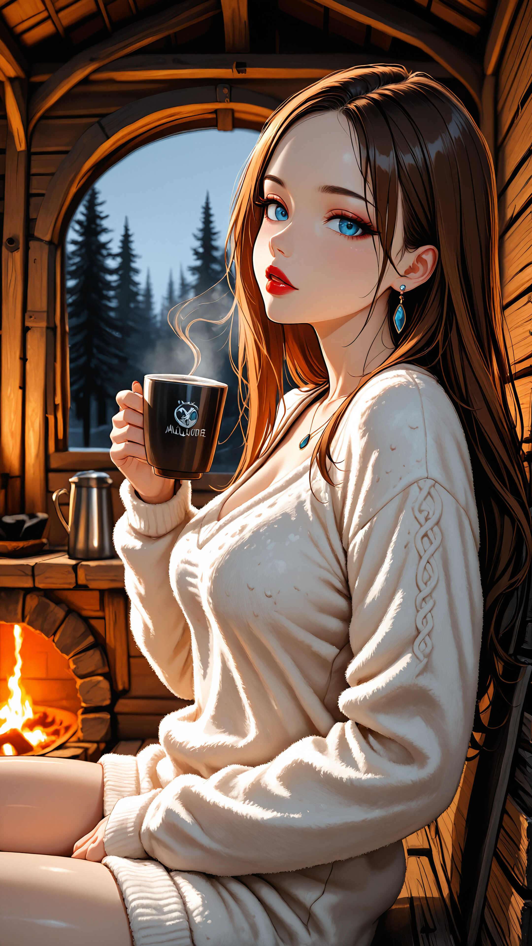 An illustration of a young woman with long brown hair and bright blue eyes, wearing a white turtleneck sweater and holding a mug of coffee inside a cozy log cabin. A snowy forest is visible through the window behind her.