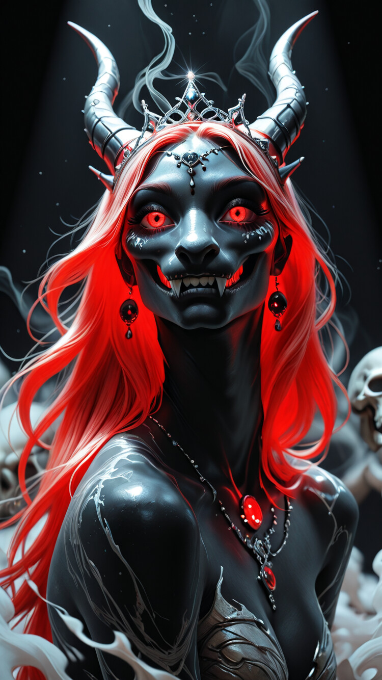 A fantasy portrait of a female dragonkin with a white skull-like face, glowing red eyes, and long crimson hair. She wears a tiara and a necklace with red gems against her dark skin.