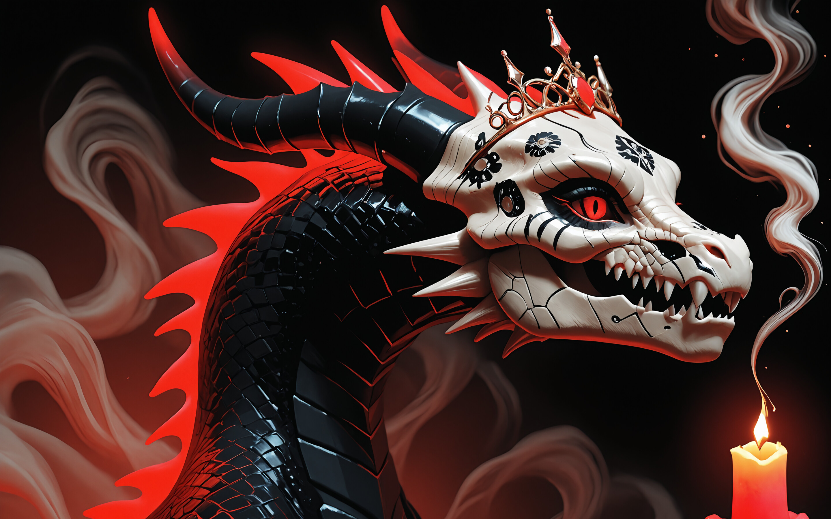 A fantasy portrait of a female dragonkin with a white skull-like face, glowing red eyes, and long crimson hair. She wears a tiara and a necklace with red gems against her dark skin.