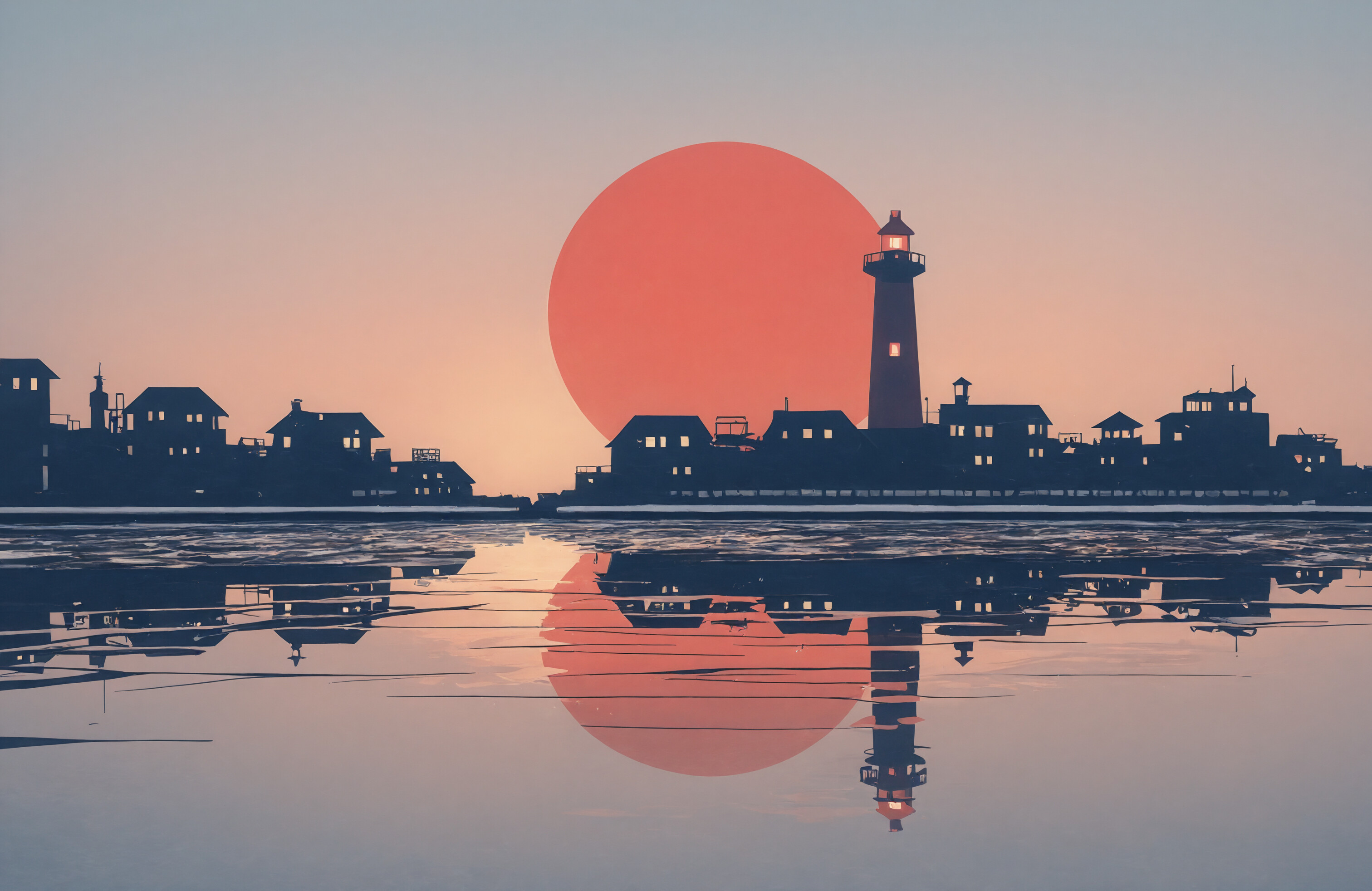 A stylized illustration of a red lighthouse and a coastal town silhouette reflected in calm water. A large red sun is in a pastel sky, and the entire image is covered in white horizontal stripes.