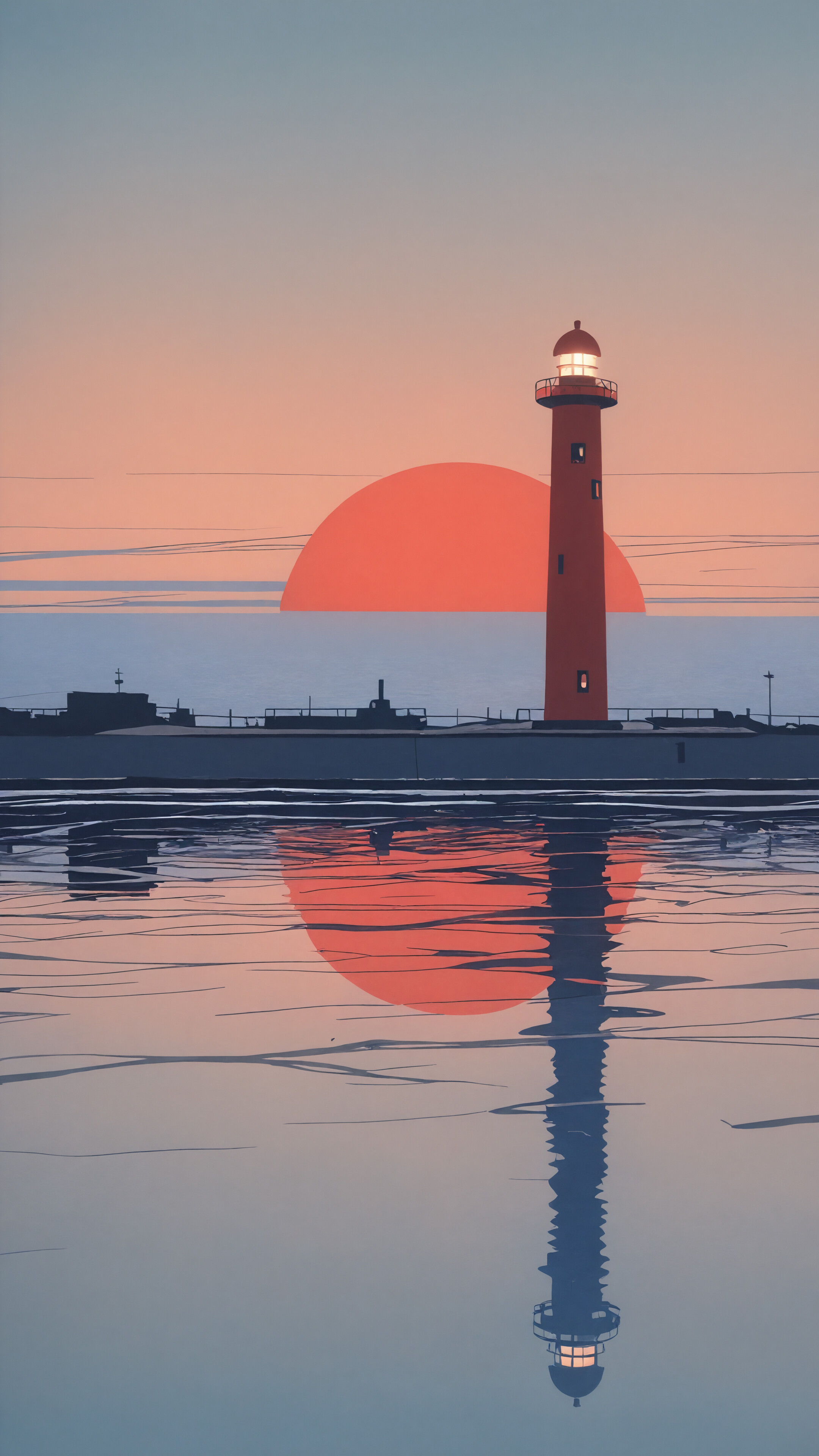 A stylized illustration of a red lighthouse and a coastal town silhouette reflected in calm water. A large red sun is in a pastel sky, and the entire image is covered in white horizontal stripes.