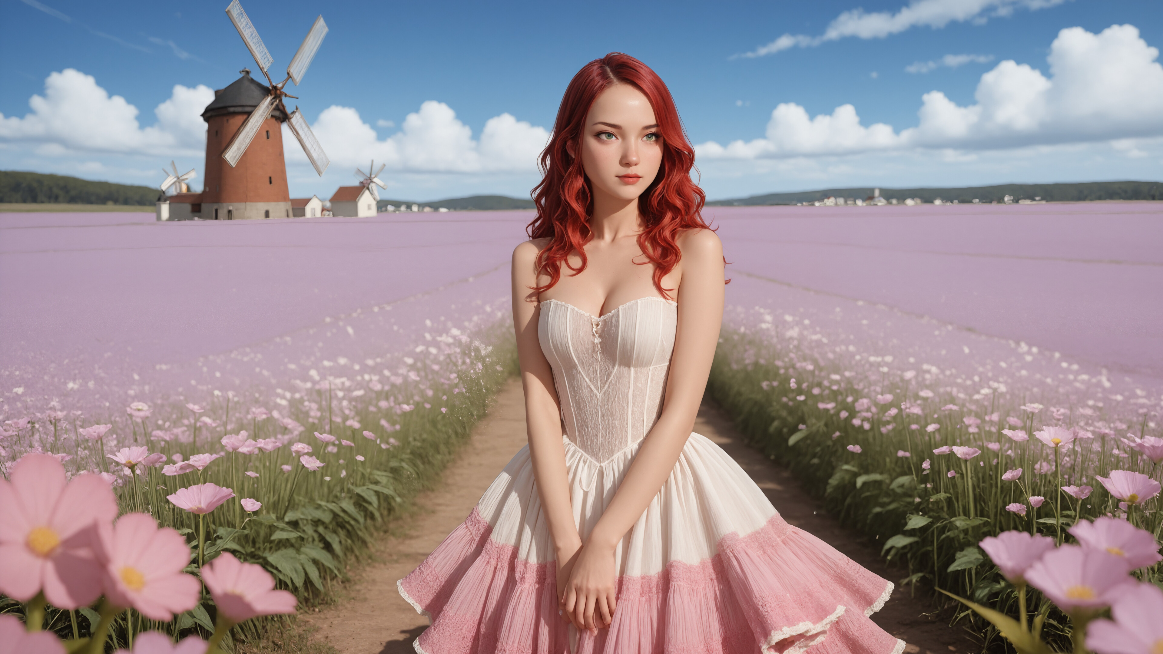 A young woman with long red hair and green eyes wearing a pink and white corset dress stands in a field of yellow flowers, with a windmill and blue sky in the background.