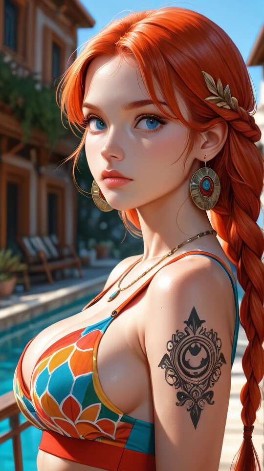 A digital portrait of a young woman with long, braided red hair and piercing blue eyes. She is wearing a colorful off-the-shoulder top, turquoise jewelry, and has a tattoo on her arm, standing in a sunny, rustic town setting.