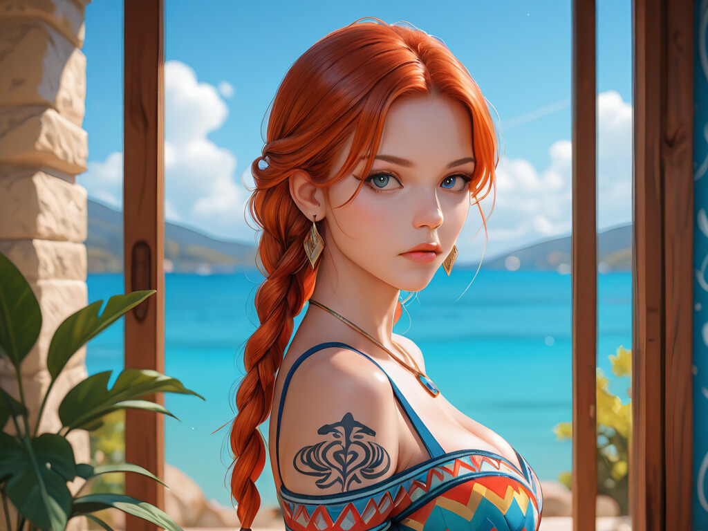 A digital portrait of a young woman with long, braided red hair and piercing blue eyes. She is wearing a colorful off-the-shoulder top, turquoise jewelry, and has a tattoo on her arm, standing in a sunny, rustic town setting.