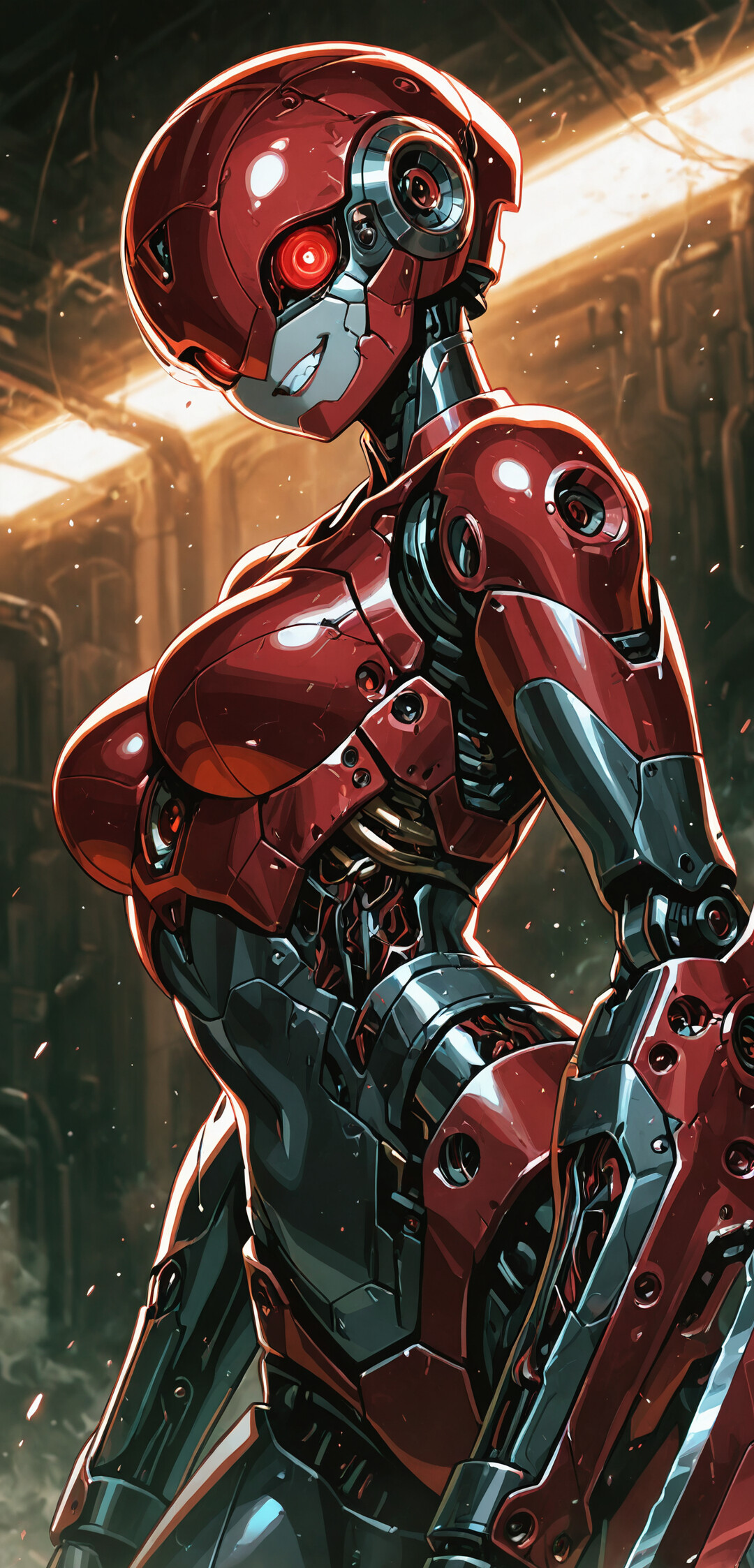 A full-body portrait of a red female robot with glowing orange eyes and a sinister grin. She has red armor plating on her head, chest, and limbs, with a complex, exposed mechanical skeleton visible on her torso. She stands in a dark, futuristic industrial setting and has a blade on her right arm.
