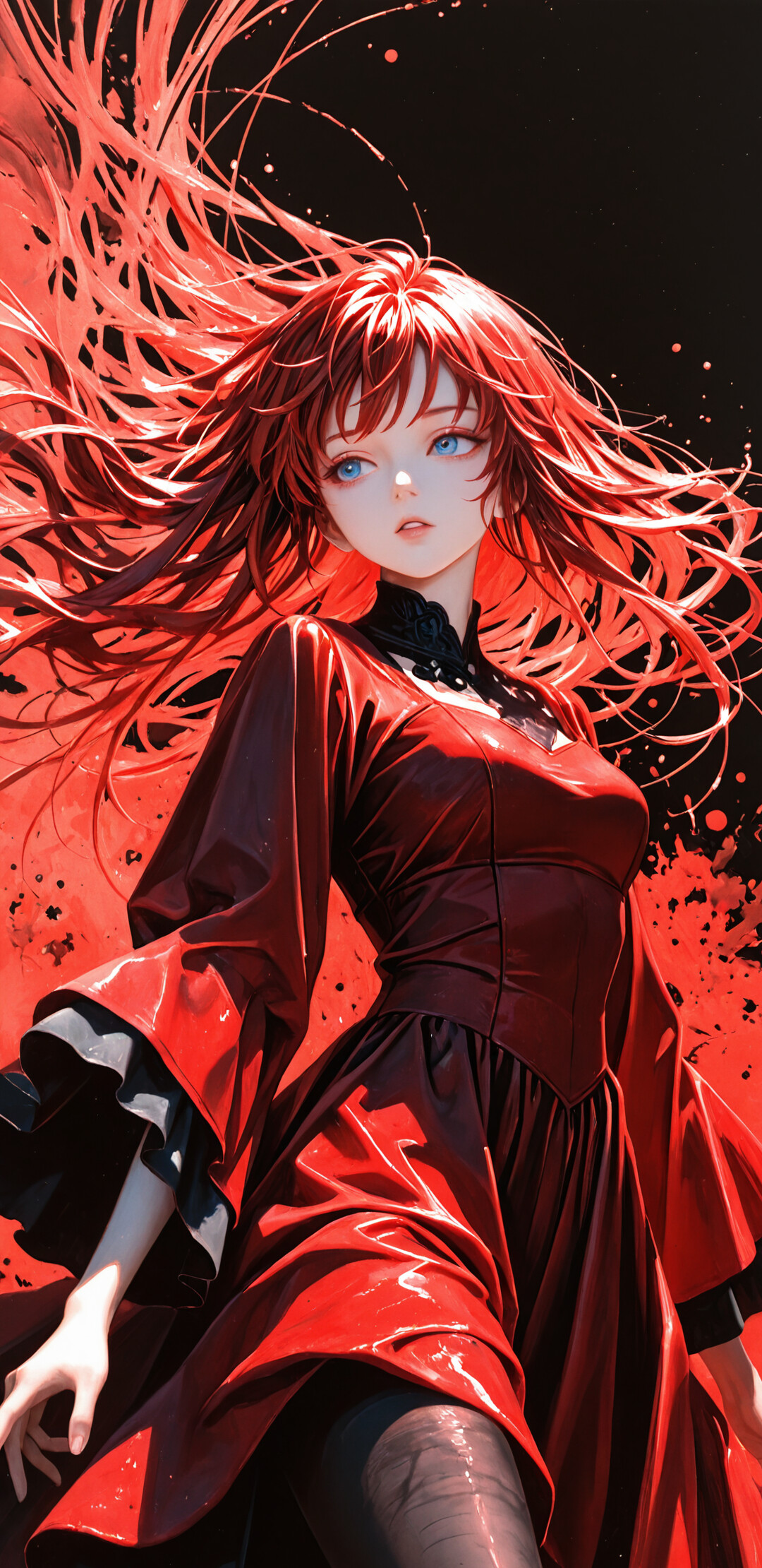 An anime-style painting of a young woman with long, flowing red hair and blue eyes, wearing a dramatic red dress, floating in front of a large red moon on a black, paint-splattered background.