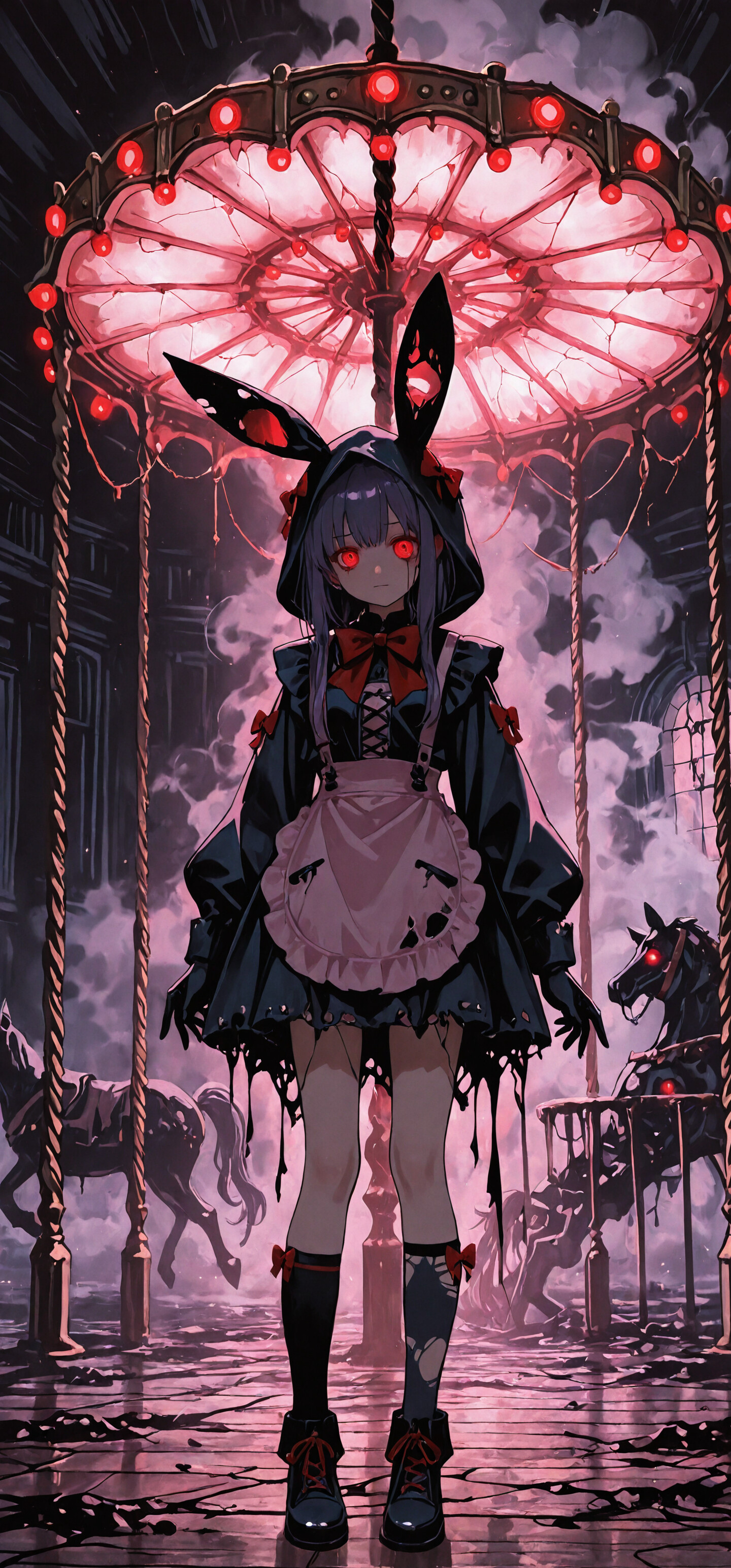 An anime girl with purple hair and glowing red eyes stands in a dark, decaying carnival gazebo. She wears a black bunny-eared hood, a pink and black gothic dress with a red bow, and mismatched socks. The scene is lit by eerie red lights.