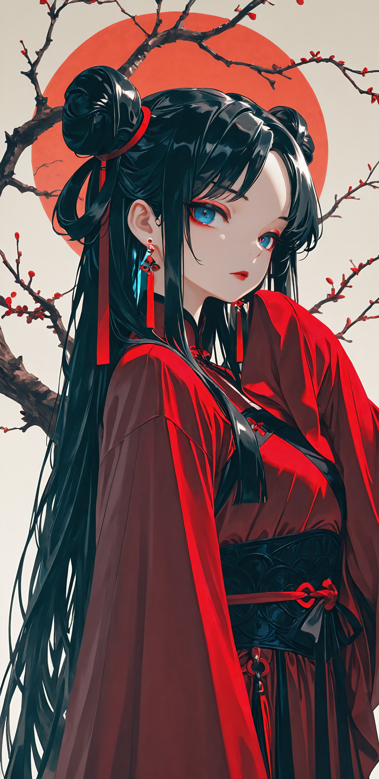 An anime-style illustration of a young woman with black hair in double buns and bright blue eyes. She is wearing a flowing red traditional robe and stands in front of a large red circle and the silhouette of a tree branch.