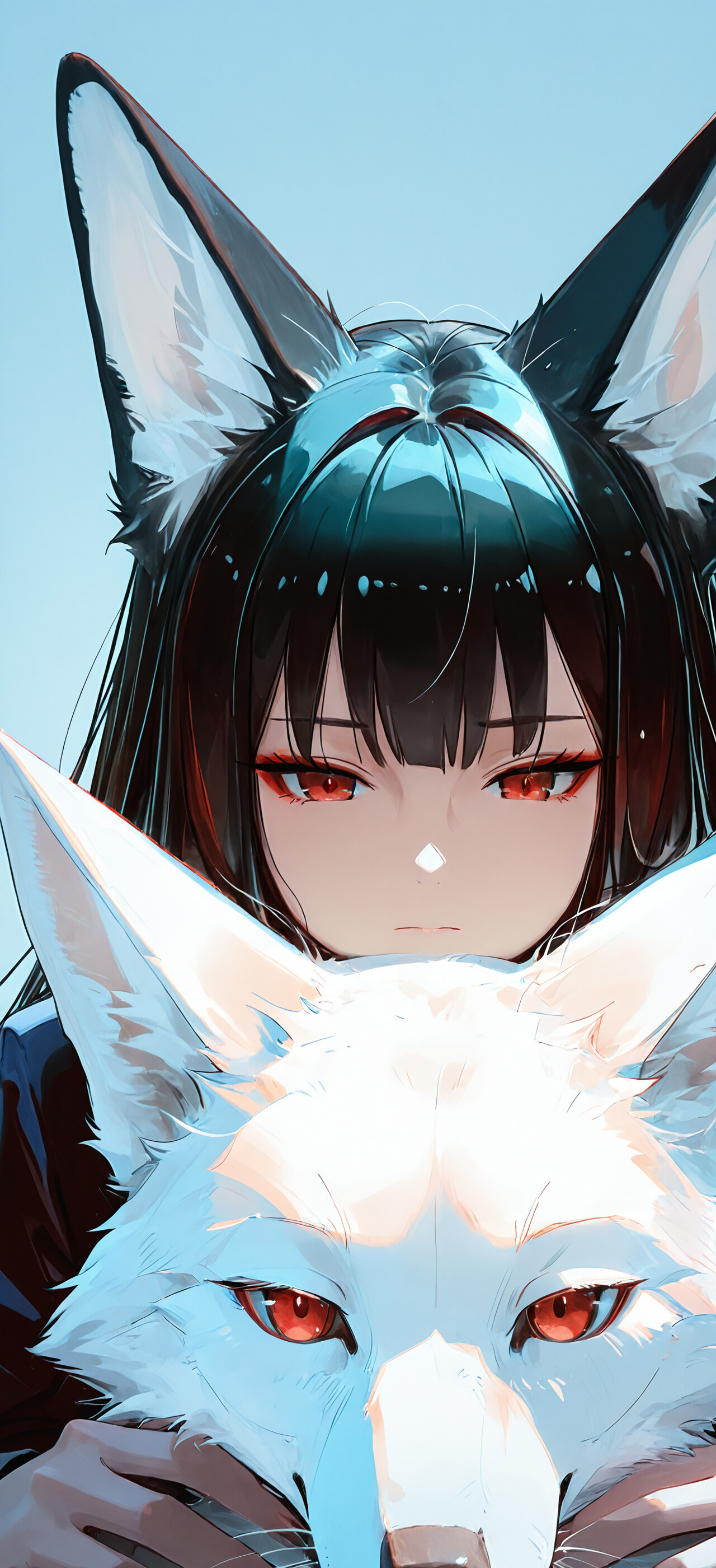 An anime-style girl with long black hair, black fox ears, and glowing red eyes looking over a white fox that is curled up and resting.