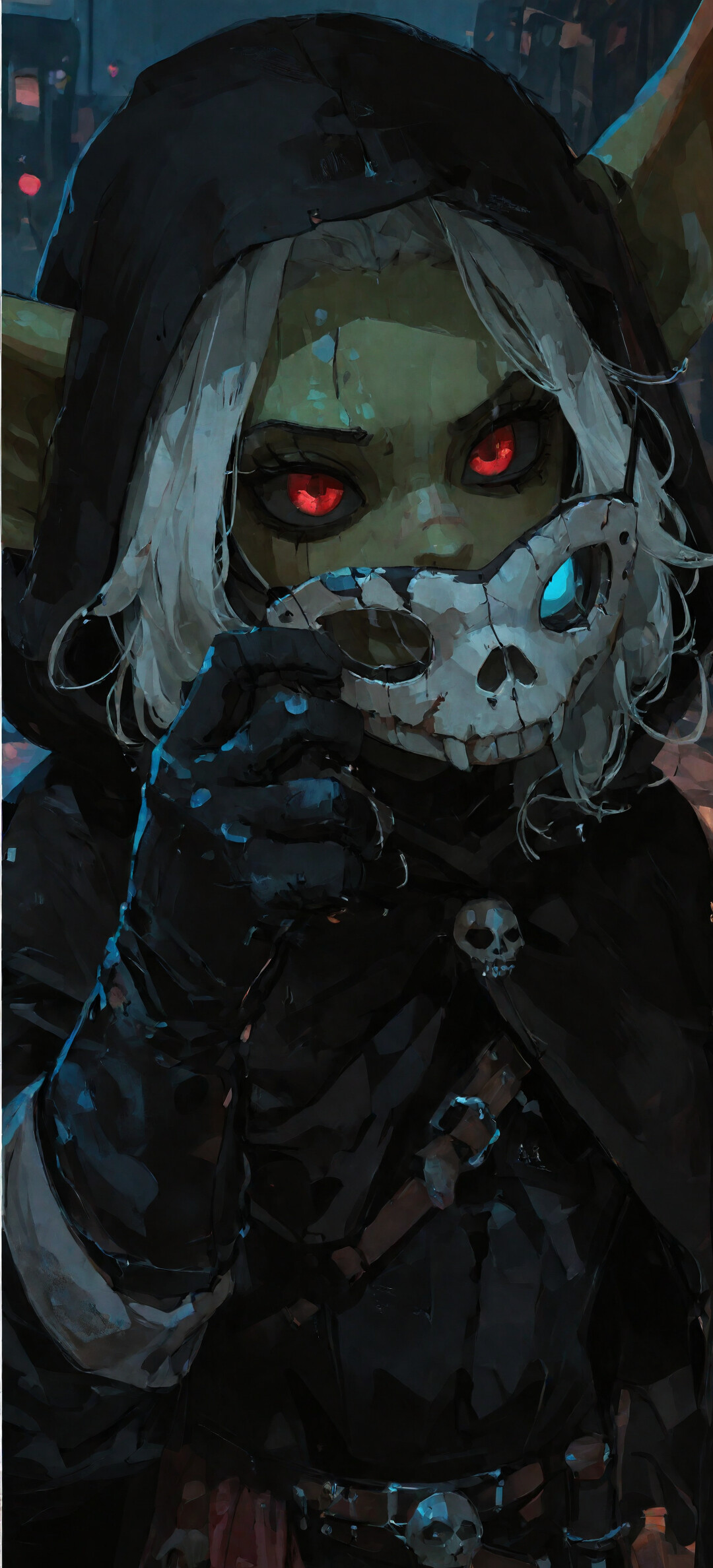 A close-up digital painting of a female goblin with green skin, long white hair, and glowing red eyes. She wears a black hood and gloves, holding a skull mask in front of her face against a dark city backdrop at night.