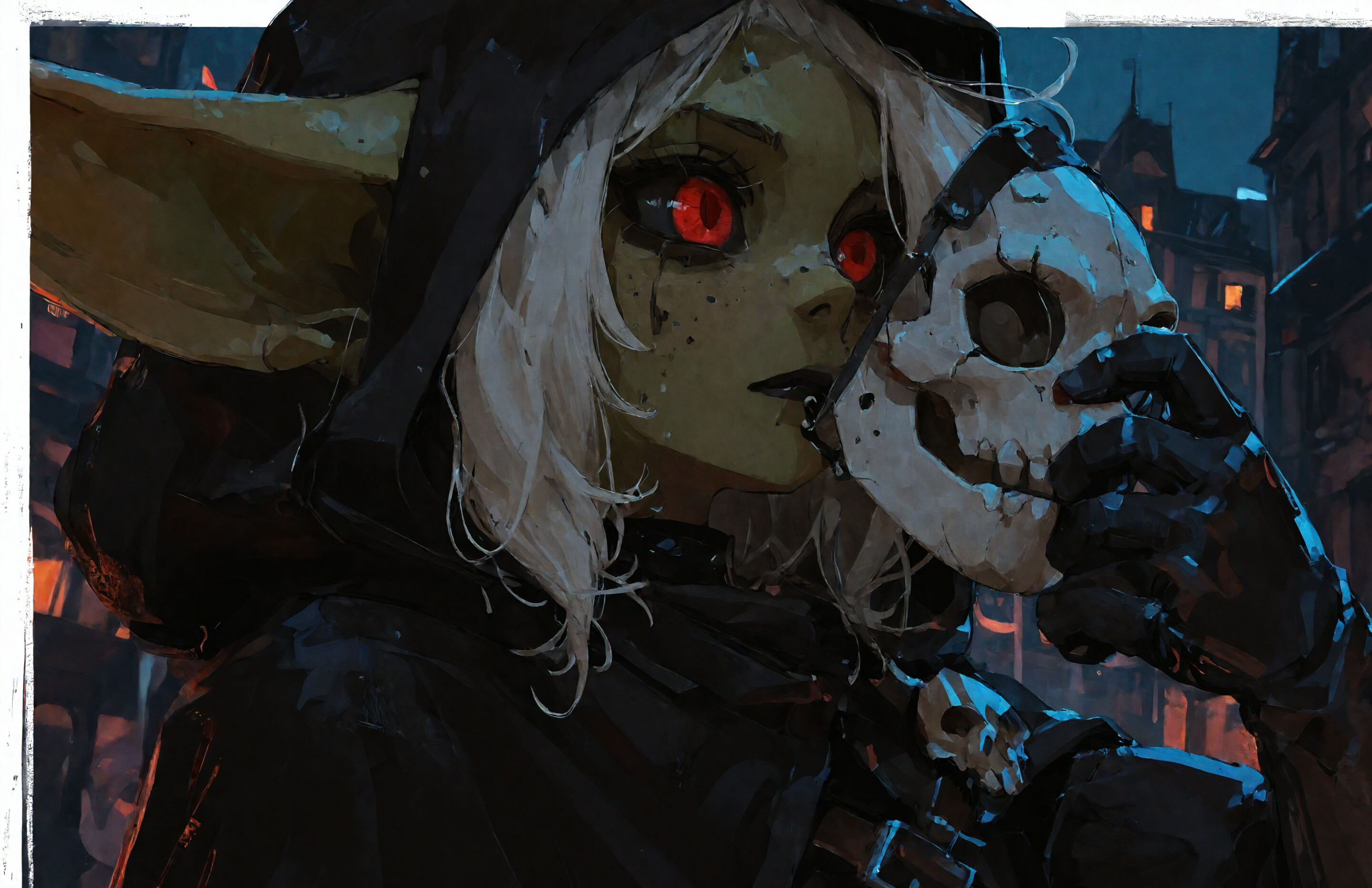 A close-up digital painting of a female goblin with green skin, long white hair, and glowing red eyes. She wears a black hood and gloves, holding a skull mask in front of her face against a dark city backdrop at night.