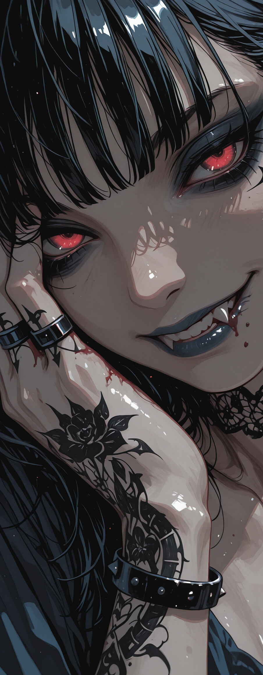 A close-up digital illustration of a goth vampire girl with short black hair and glowing red eyes. She is smirking, showing her fangs, and has her tattooed hand partially covering her face.